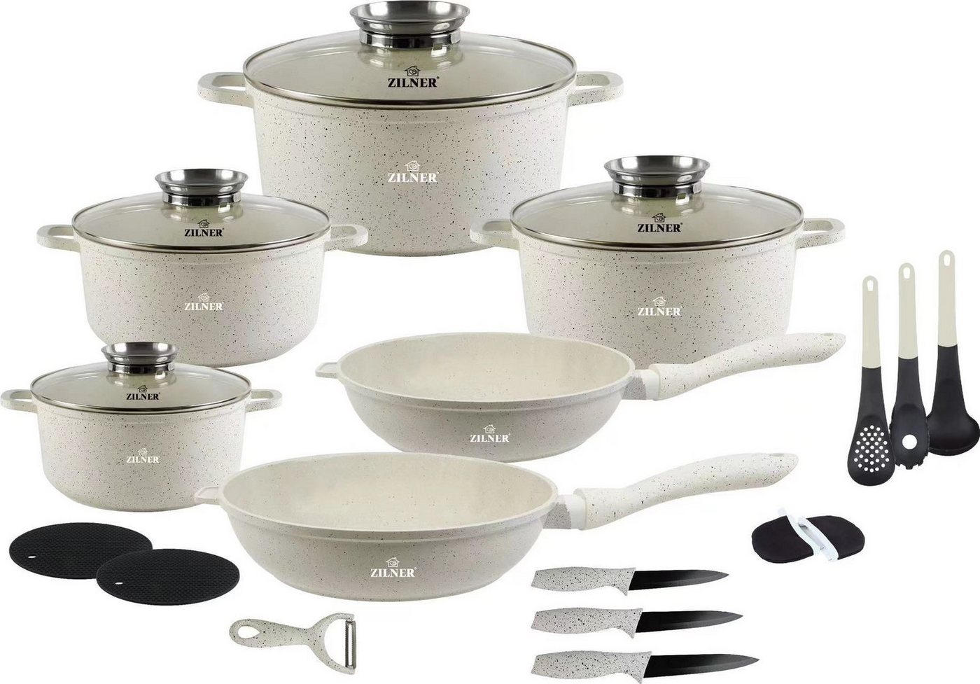 Zilner Topf-Set Stylische beige Töpfe – Modernes Design & Hervorragende Qualität, Keramik, Aluminium, Edelstahl, Aluminiumguss (Die Töpfe sind in einem unvergleichlich schönen Beigeton gehalten!, 21-tlg., Es ist eine perfekte Geschenkidee für jeden Anlass), Innovative Aroma Knob-Griffe