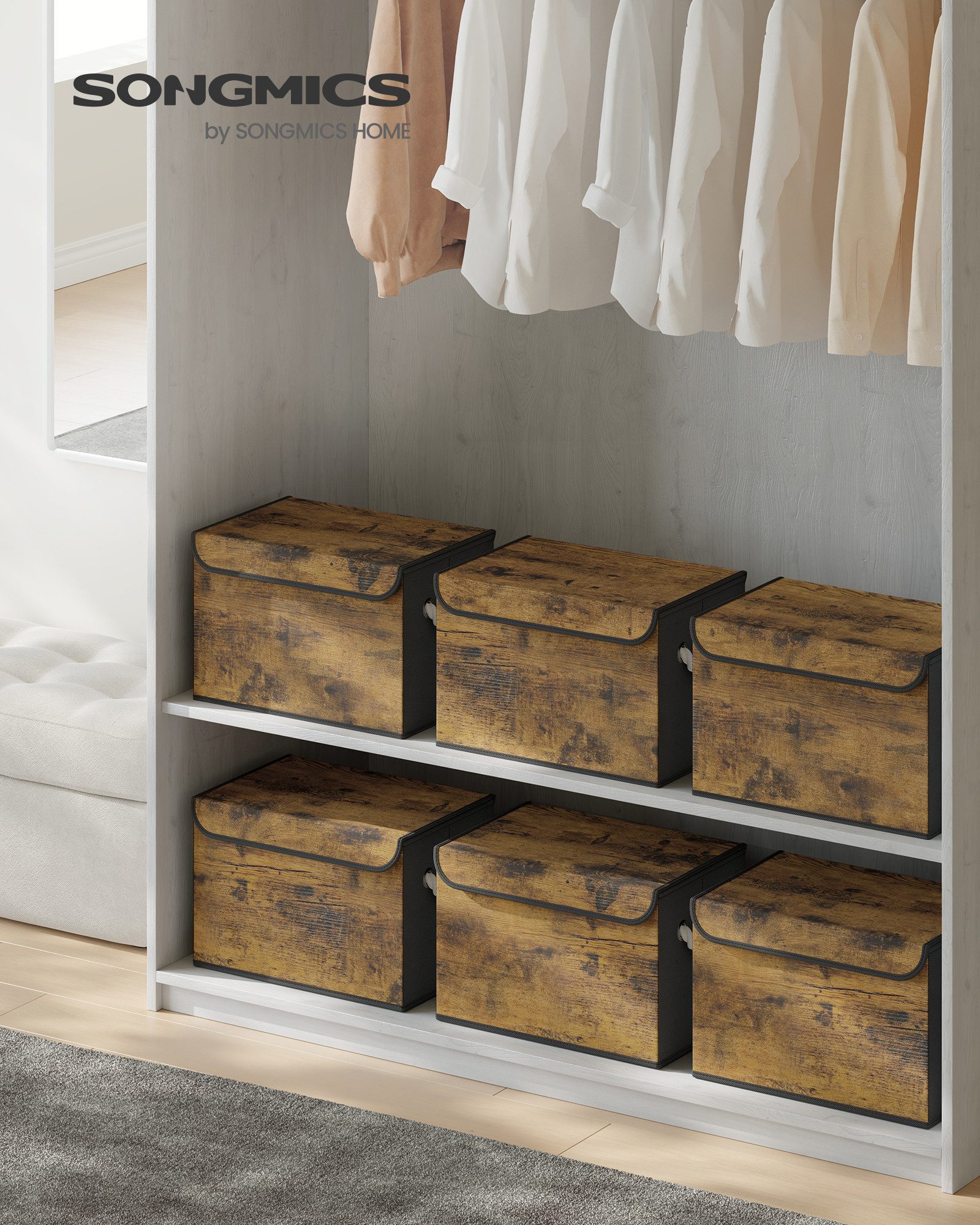 SONGMICS Aufbewahrungsbox 3er Set Stoffboxen klappbar, 38 x 25 x 25 cm, für Schlafzimmer, Wohnzimmer, mit Deckel, Griffe – Bild 2 von 5