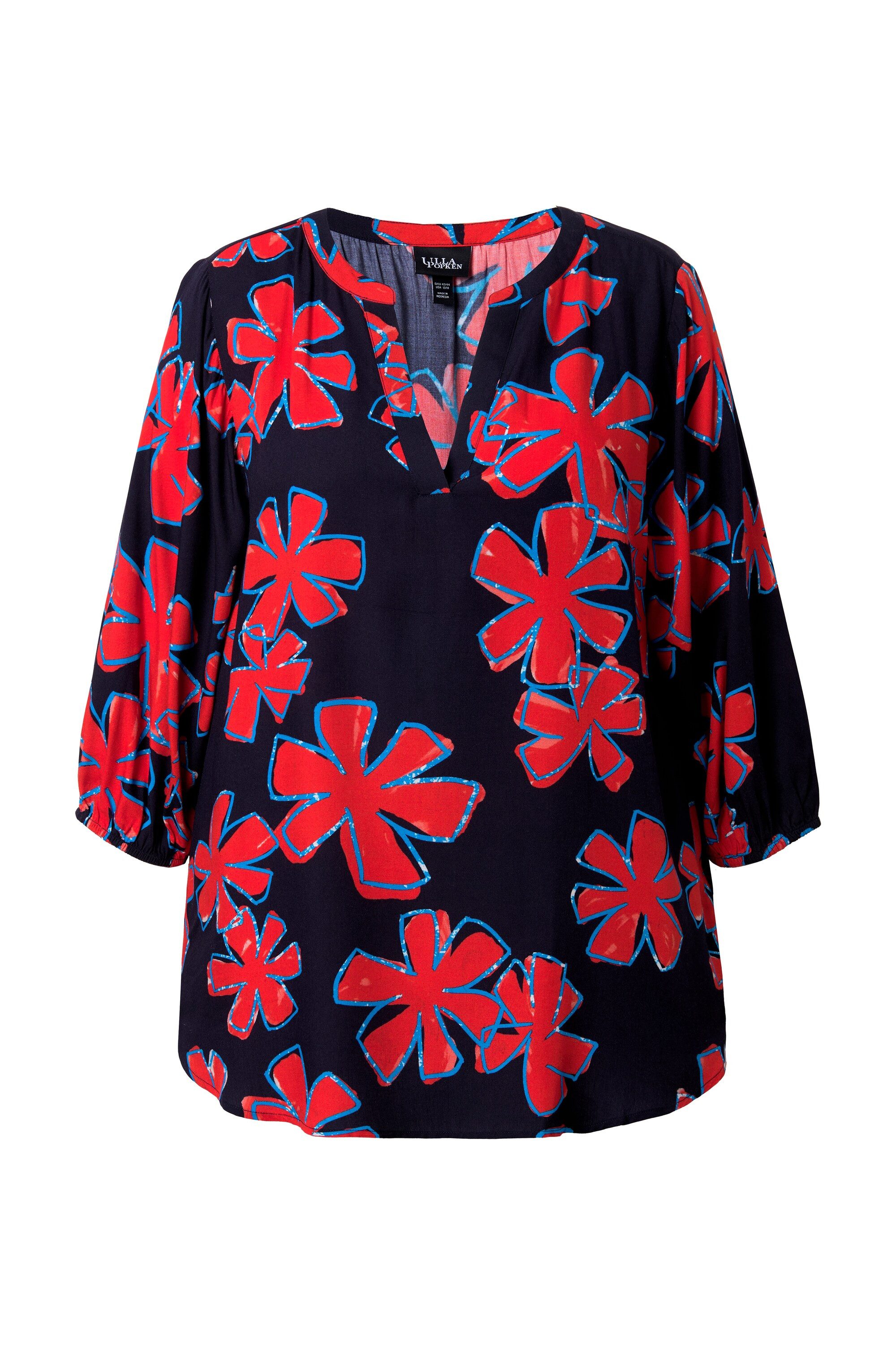 Ulla Popken Tunika Tunika Blüten A-Linie Rundhals 3/4-Ballonärmel