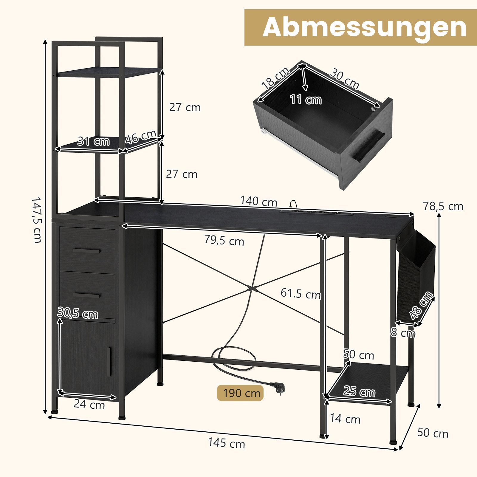 COSTWAY Schreibtisch, mit LEDs, Ladestation, 2 Schubladen & CPU-Ständer