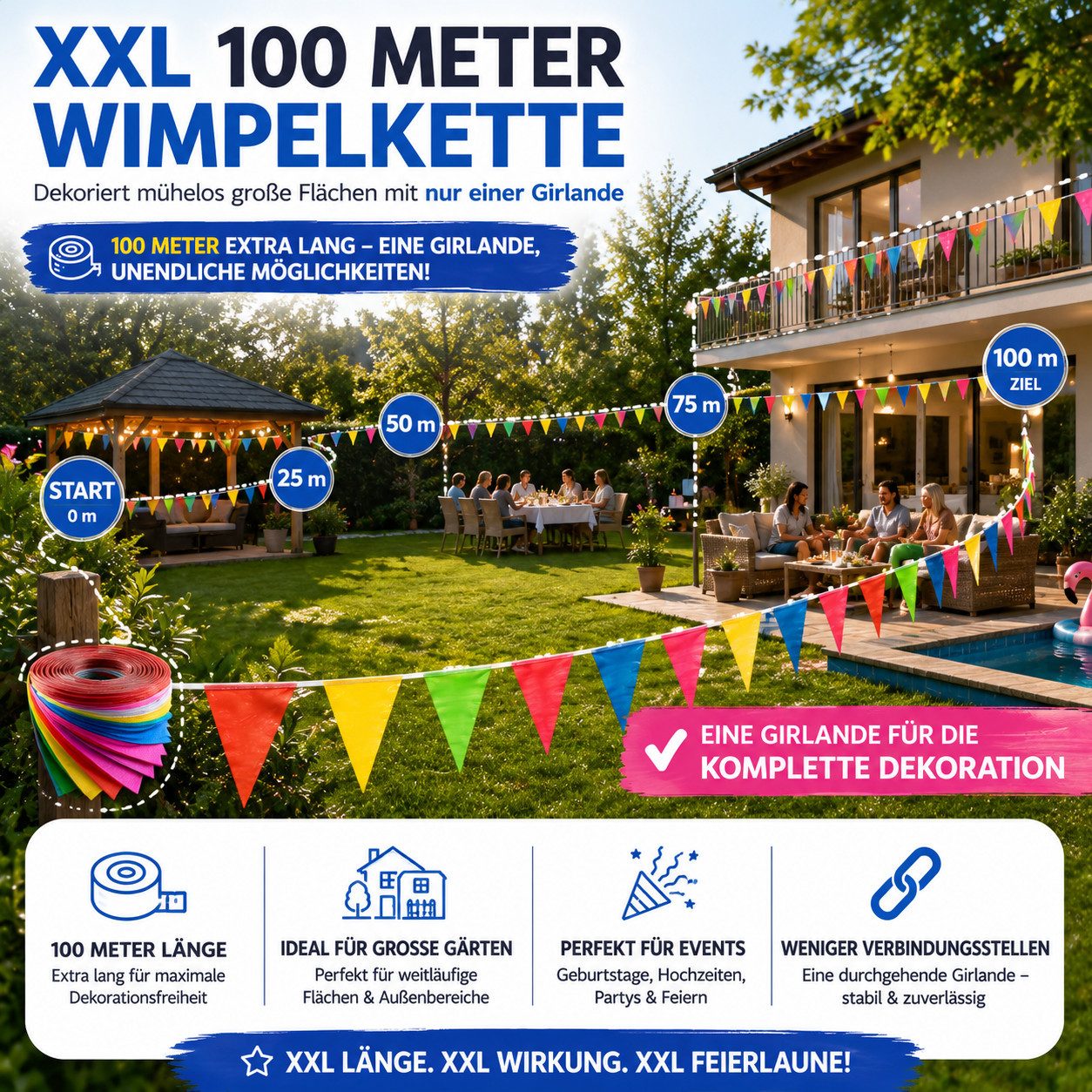 FESTIFUN Wimpelkette Bunte Wimpelkette aus Stoff, 100 m Gesamtlänge, wiederverwendbar – Bild 3 von 5