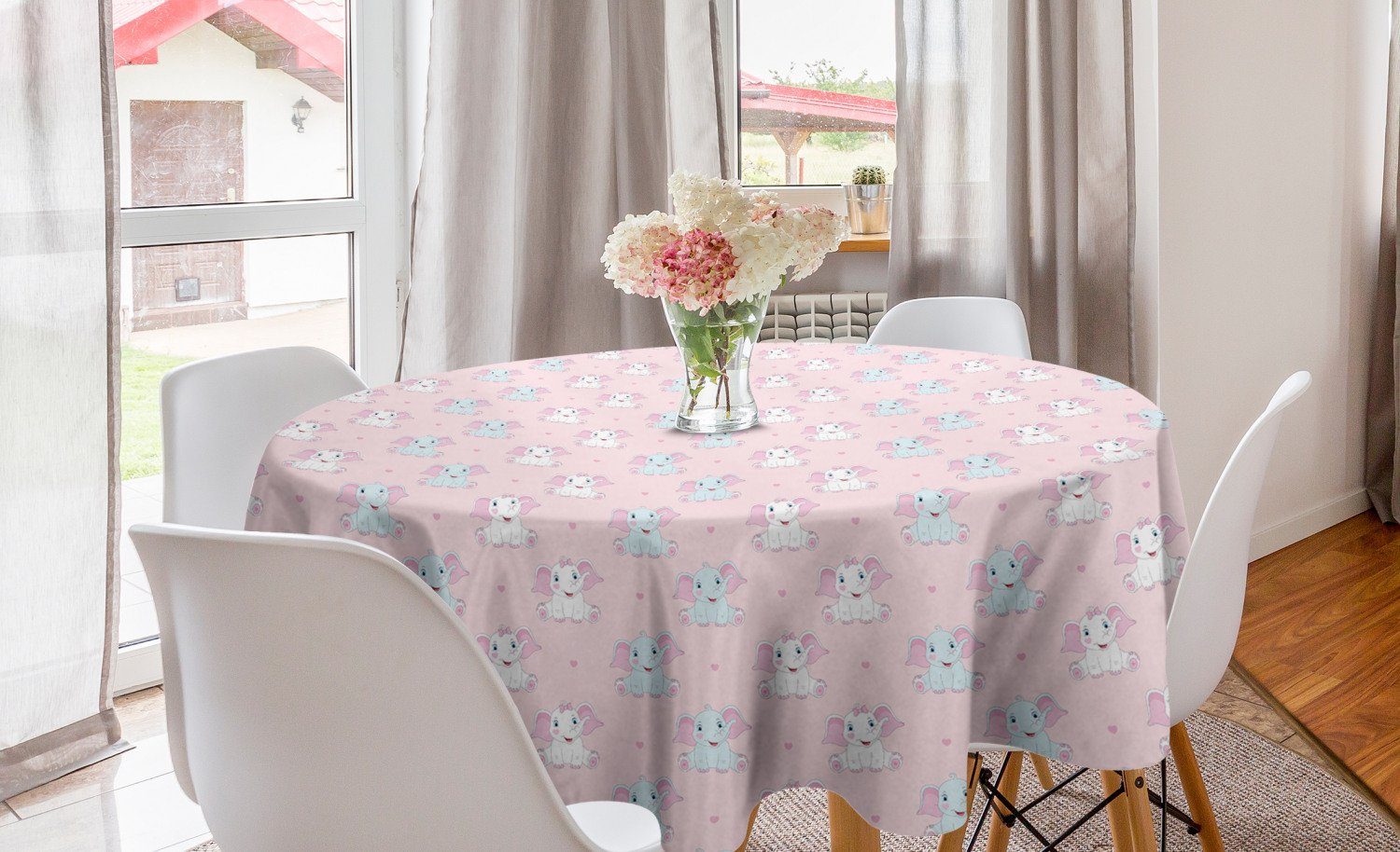 für Abakuhaus Baby-Elefanten Esszimmer Tischdecke Pastell Dekoration, Herzen Küche Abdeckung Kreis Tischdecke und