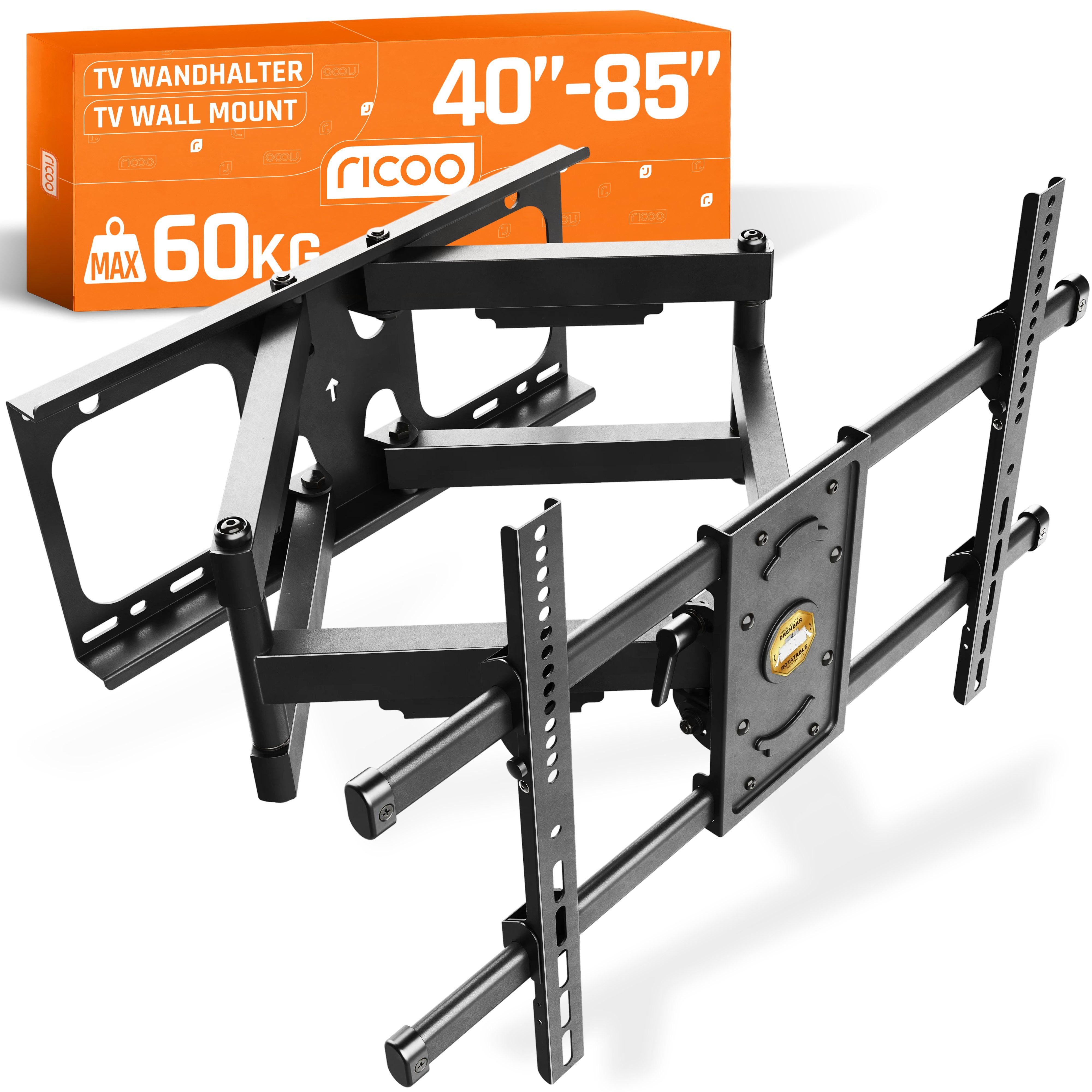 RICOO TV-Wandhalterung TV Wand Halterung 50" 55" 65" 75" 80" 85" max 60 Kg schwenkbar S4964, (bis 85 Zoll, VESA 200x200 bis 600x400, 1-tlg., vollbeweglich ausziehbar neigbar 40 Zoll bis 80 Zoll massiv stabil, bis 15° Neigung, bis zu 120° Schwenkung, Ferns
