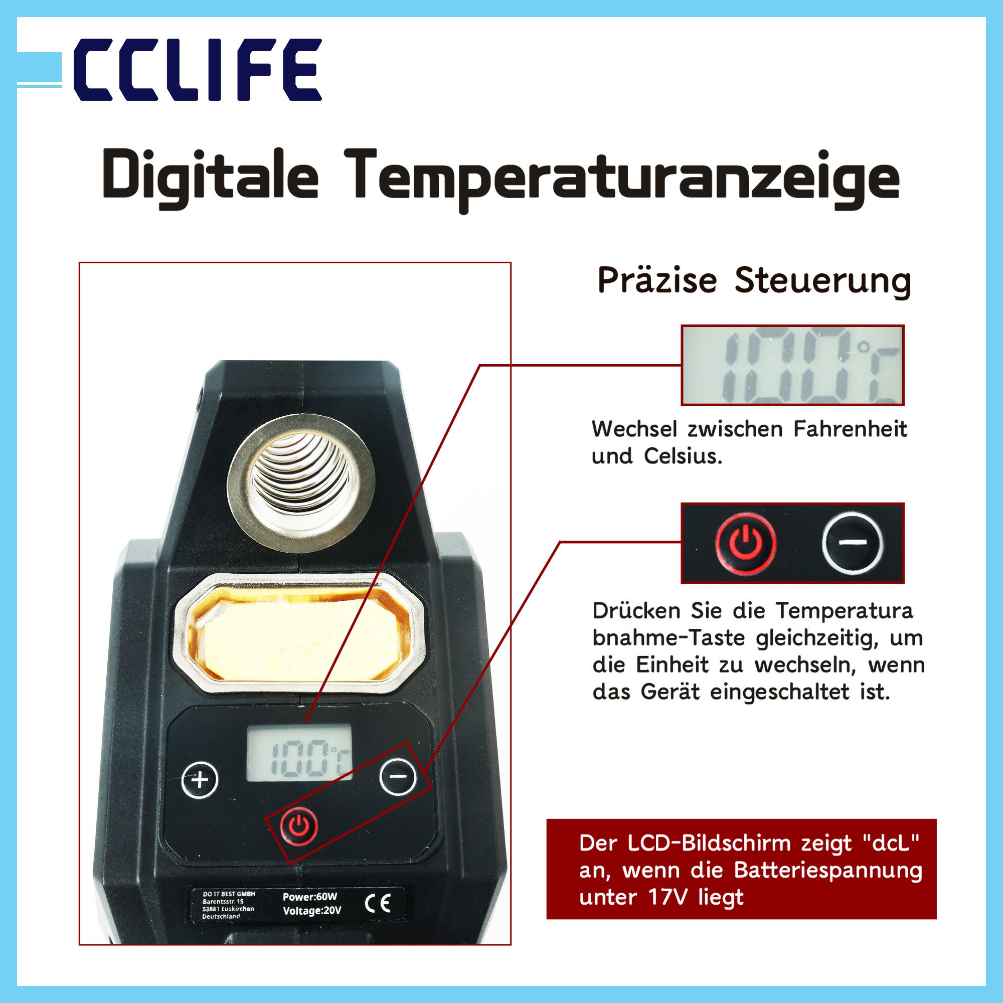 CCLIFE Lötpistole CCLIFE 60W Loetkolben passend fuer Makita DeWalt Akku LED Display