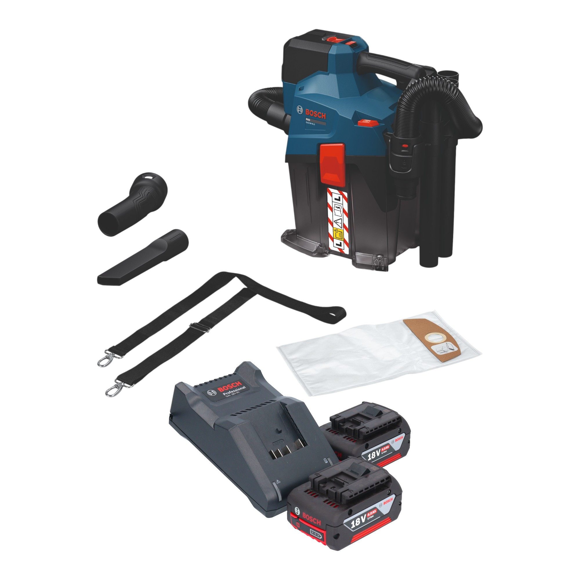 Bosch Professional Akku-Handstaubsauger GAS 18V-6L S Staubsauger 18 V 6 l + 2x Akku 4,0 Ah + Ladegerät