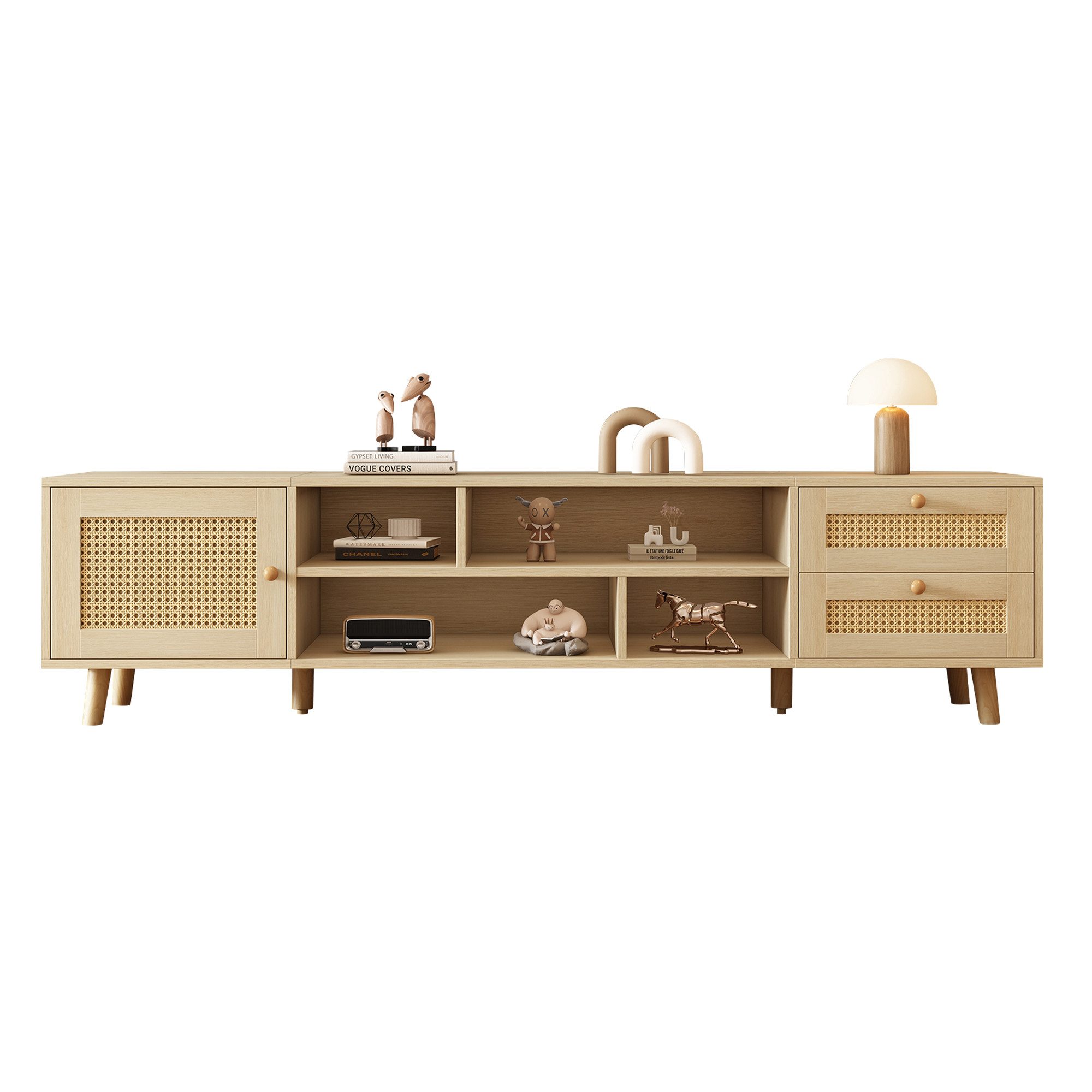 Merax Lowboard mit Tür und Schubladen Rattangeflecht, TV-Schrank mit offenen Fächern,Fernsehtisch Landhaus,B:160cm
