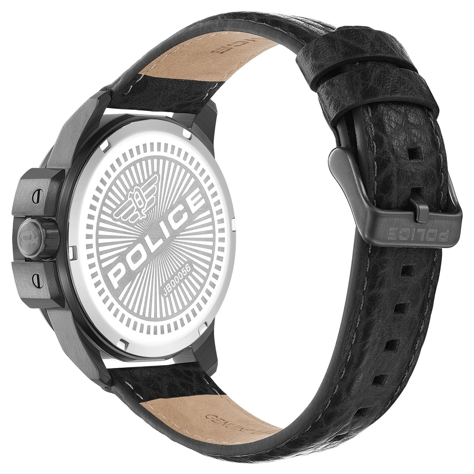 Police Quarzuhr Police Herrenuhr Leder schwarz, (Analoguhr), Herrenuhr rund, extra groß (ca. 46x53mm) Lederarmband
