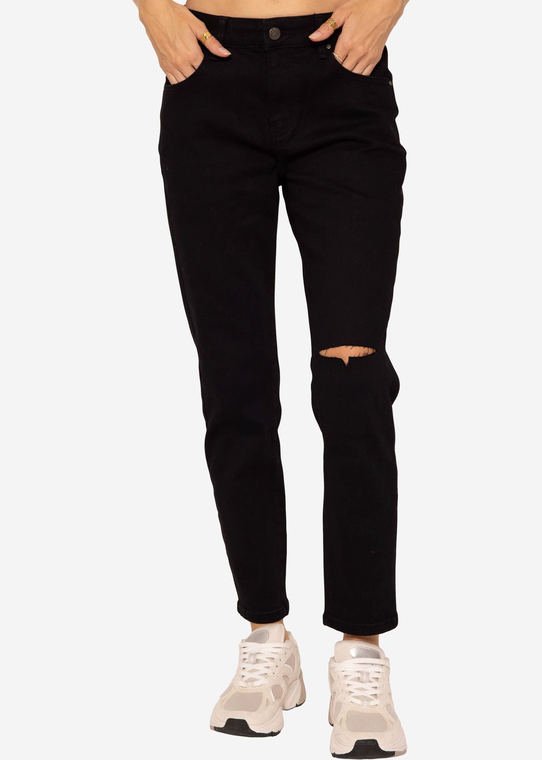 Jeans mit Comfort Straight Jeans Damen Destroyed 7/8 Stretch, SASSYCLASSY Mid-Rise 5-Pocket-Style, Destroyed-Jeans Länge