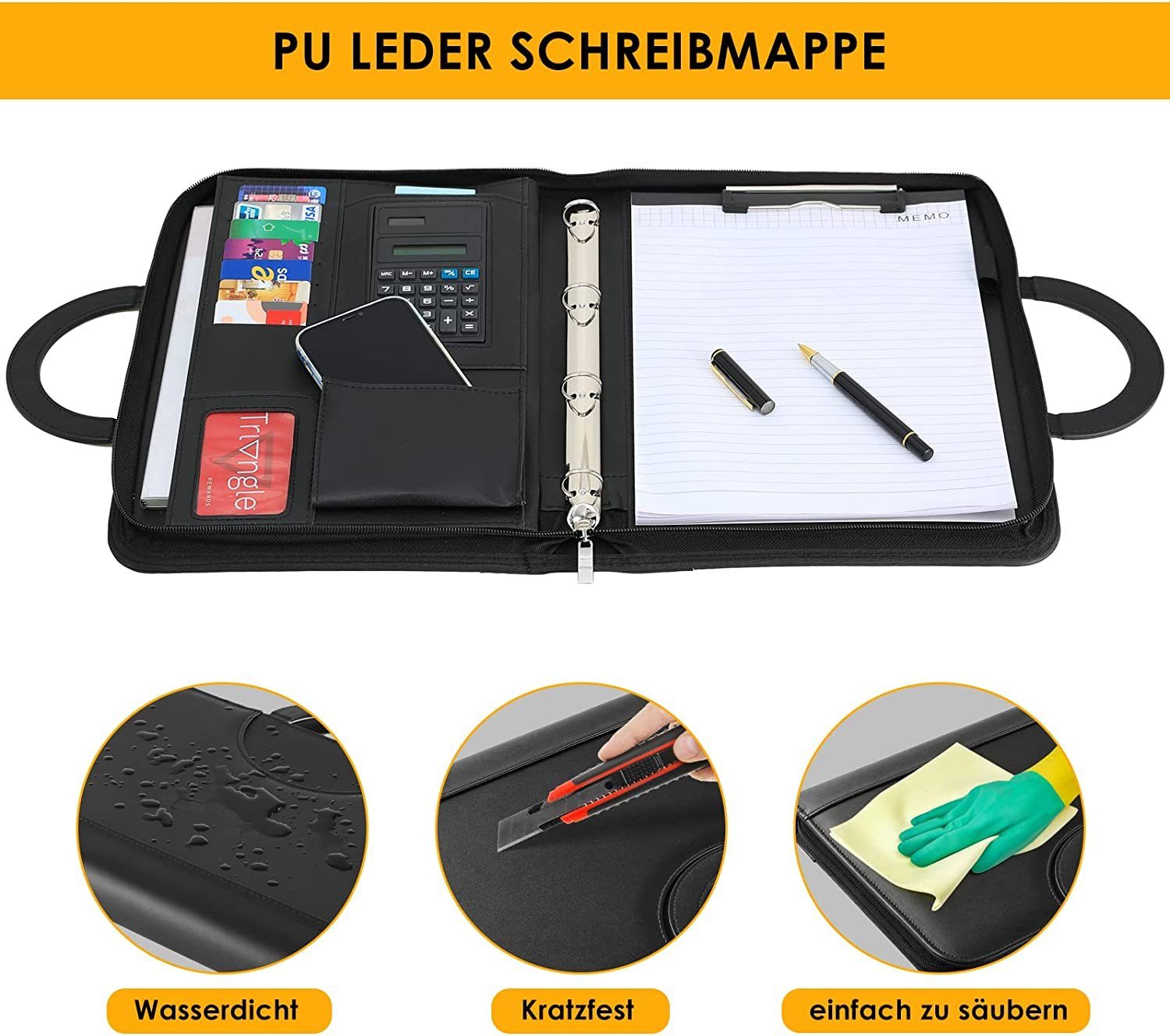 TLGREEN Konferenzmappe A4 Schreibmappe mit Reißverschluss (1-St), Wasserdicht Dokumentenmappe mit Ringbuch – Bild 4 von 5