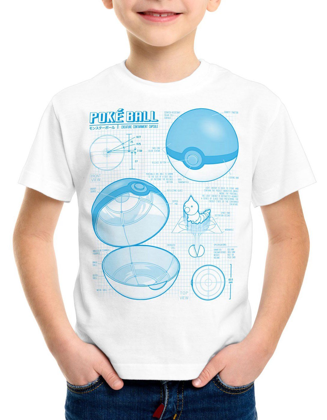 style3 Print-Shirt Kinder T-Shirt Pokéball Blaupause monster spiel online weiß