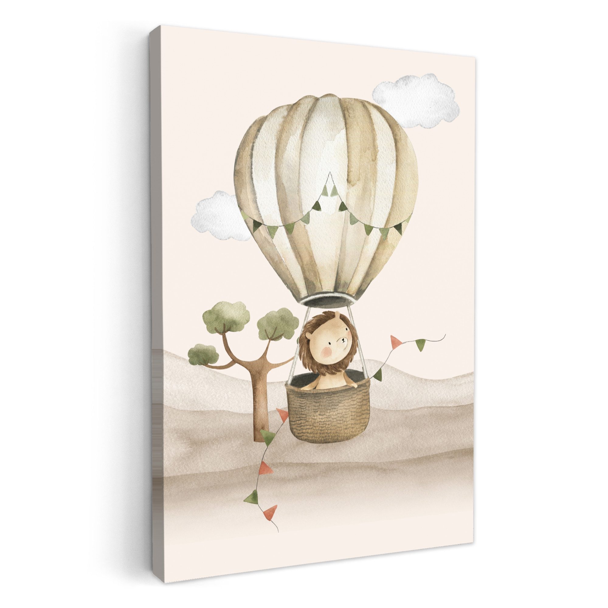 OneMillionCanvasses® Leinwandbild Heißluftballon - Löwe - Aquarell - Safari - Tiere, Fotodruck (1 St), Kinderzimmer Deko, Mädchen und Jungen Bilder 20x30 cm