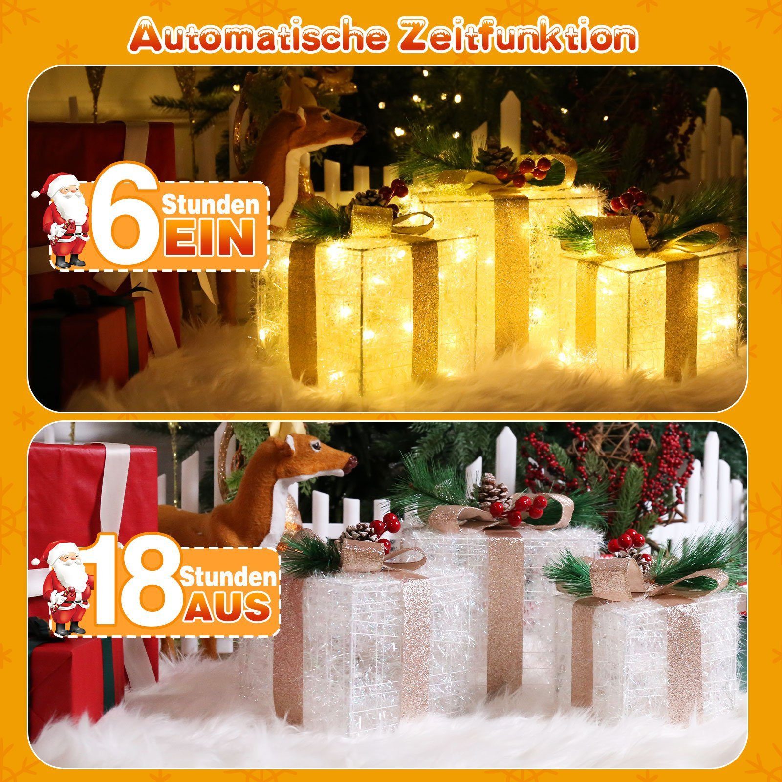 Quntis Weihnachtsfigur 3er Set LED Geschenkbox Weihnachten, Weihnachtsdeko mit Stecker, Timer (3 St), 60 warmweiße LEDs, Weihnachtsbeleuchtung für Baum, Fenster – Bild 5 von 5