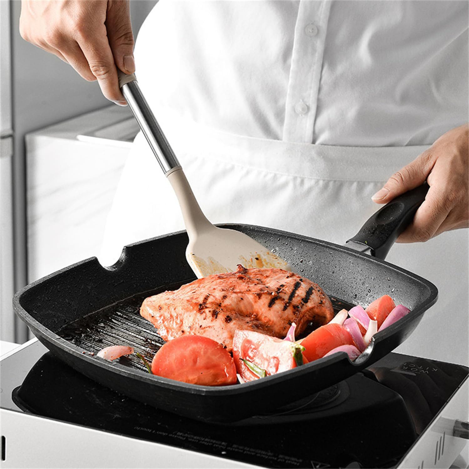 OKWISH Kochbesteck-Set 12er Küchenhelfer Set Kochgeschirr (Kochset Antihaft Hitzebeständig mit Utensilienhalter und Aufhängeloch, 12-tlg., Silikon, Kochbesteck, Kochutensilien), Spülmaschinengeeignet für Kochen Braten Schöpfen Mischen und Backen
