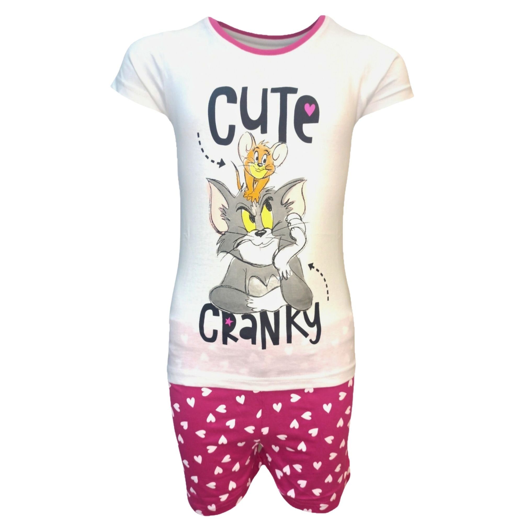 Tom & Jerry Schlafanzug cute kurz Baumwolle Set aus cm 98-128 cranky (2 Weiß-Pink - tlg) Pyjama Shorty Gr. Mädchen