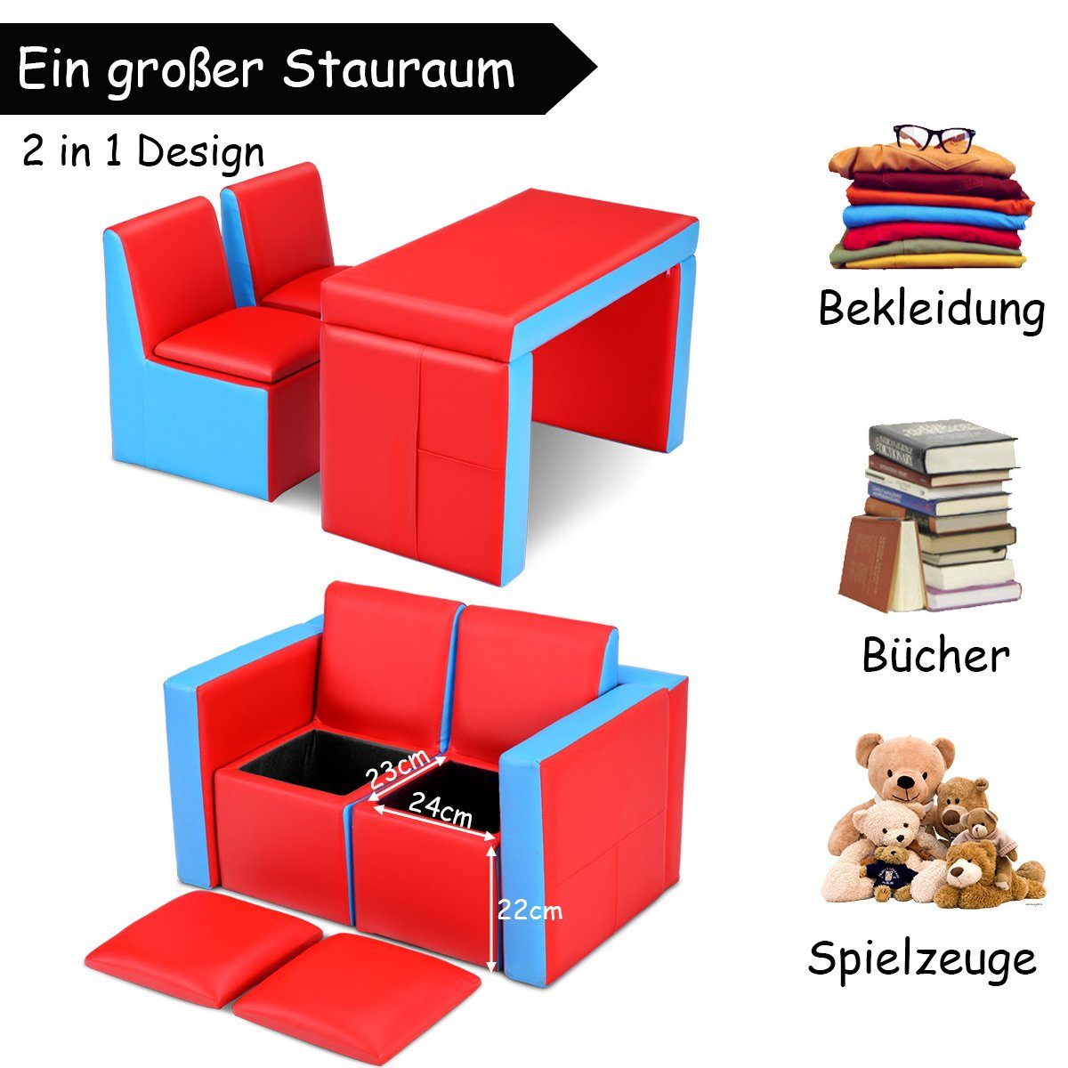 Kindersofa, mit in 1 2 COSTWAY Rot Stauraum, Stühlen Kindertisch umwandelbar mit 2