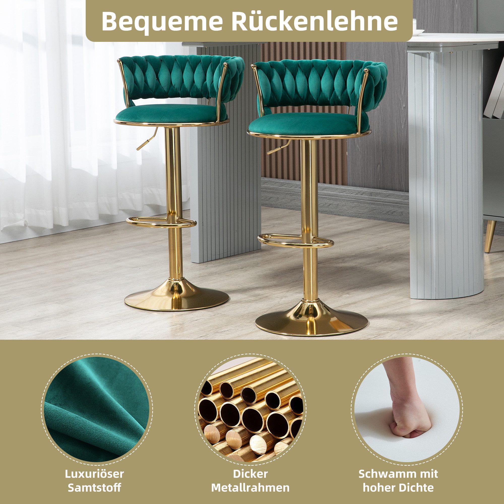 PFCTART Barhocker Samt Barhocker 2er Set, 360° drehbar & höhenverstellbar (Set, 2 St., Goldene Basis, für Küche, Esszimmer & Kücheninsel), Handgefertigte Rückenlehne, weich gepolstert, luxuriöser Samt
