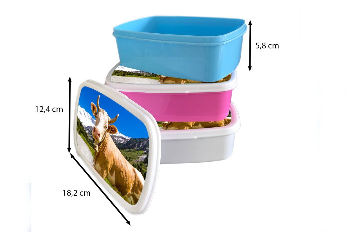 MuchoWow Lunchbox Kuh - Schnee Kunststoff für Brotdose (2-tlg), Erwachsene, Kinder, Kunststoff, - Brotbox rosa Mädchen, Alpen, Snackbox