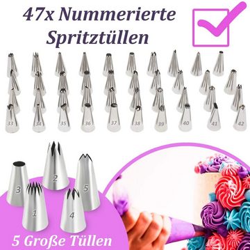 Homtrix Spritzbeutel (XXL, 72-tlg., Tortendeko Backset) 2x Silikonbeutel 47 Nummerierte Tüllen Cupcake Förmchen