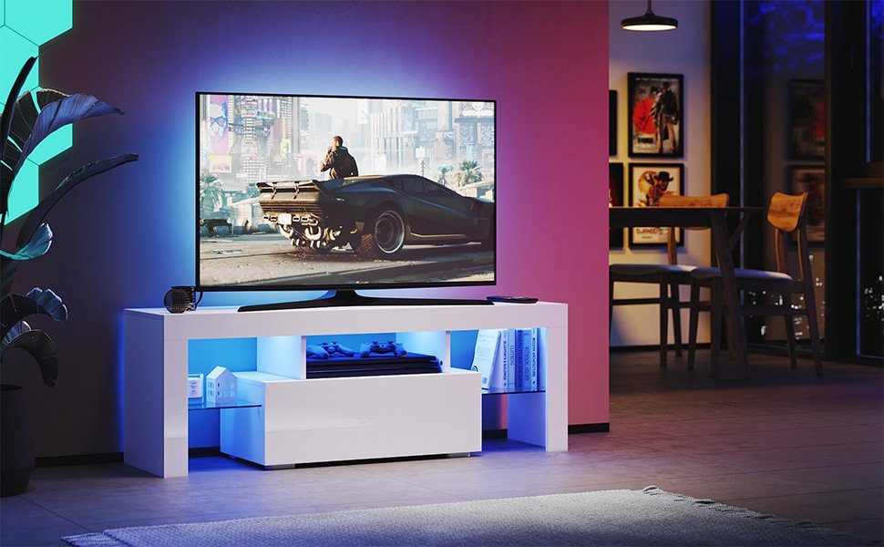 SONNI TV-Schrank TV Lowboard mit LED Beleuchtung Weiß Hochglanz 130cm  Breite tv schrank in wohnzimmer, sideboards