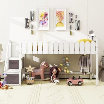 REDOM Kinderbett Massivholzbett, Nachttisch mit USB-Anschluss (90x200cm, mit Lattenrost Mit Sicherheitsleiter, Kleiderbügel Aufbewahrungsbox), ohne Matratze