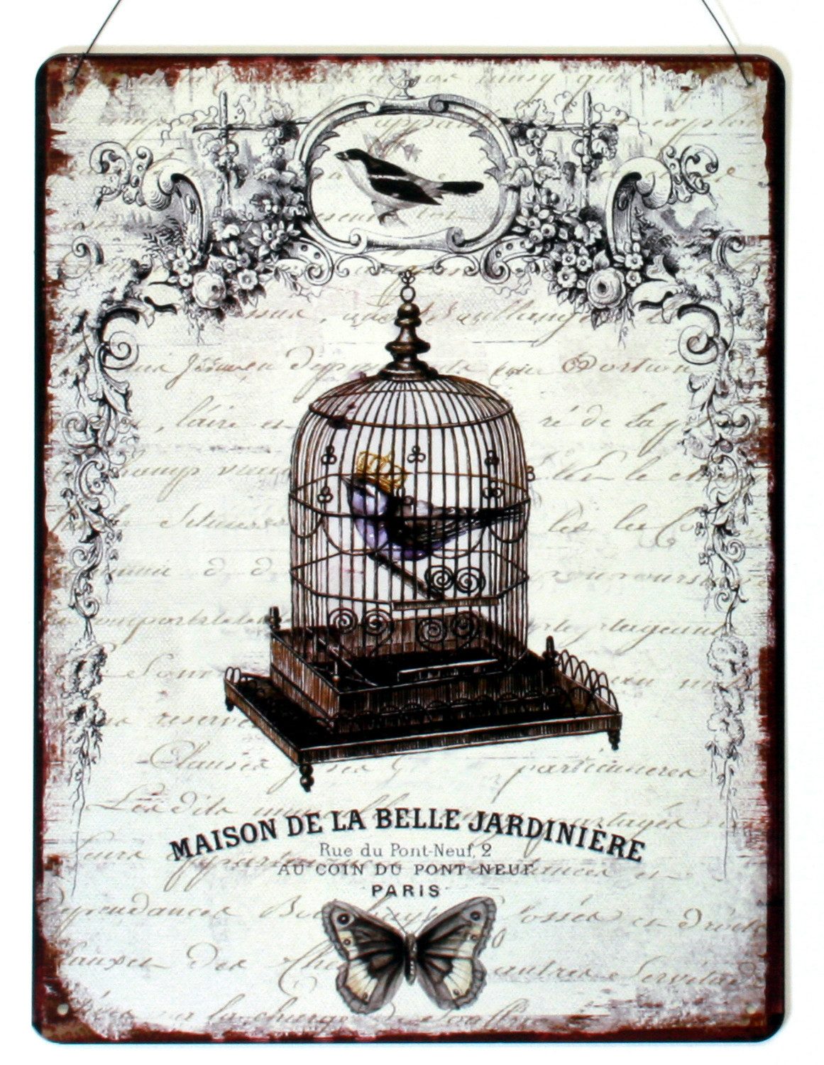 Moritz Metallschild Blechschild Vogelkäfig Maison de la Belle Jardinière, (Einzeln), 25 x 33 cm Vintage Retro Deko Schild Metallschild Wandbild Schild