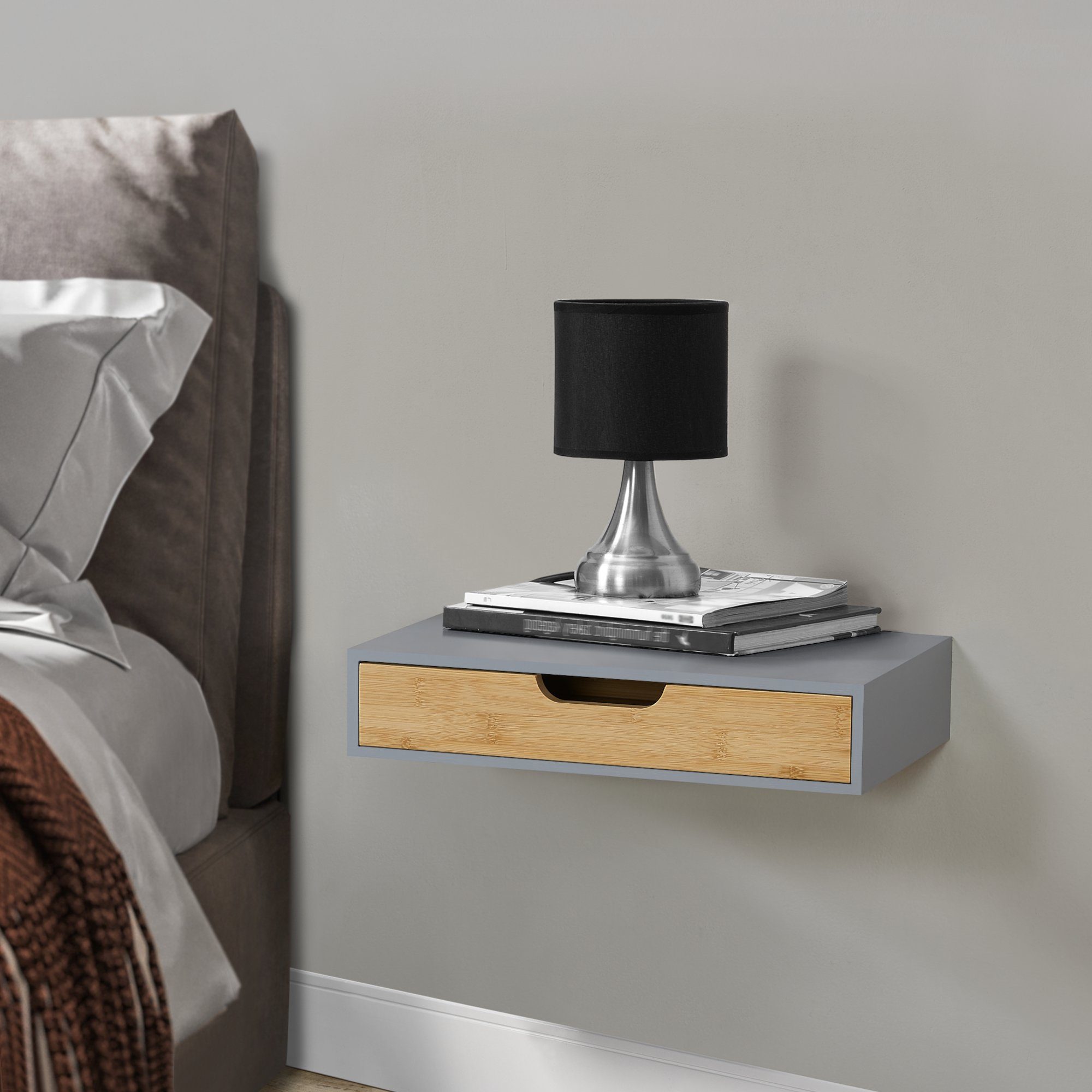 en.casa Wandregal, »Bokn« mit Schublade 40x24x8 cm Bambus Grau günstig online kaufen