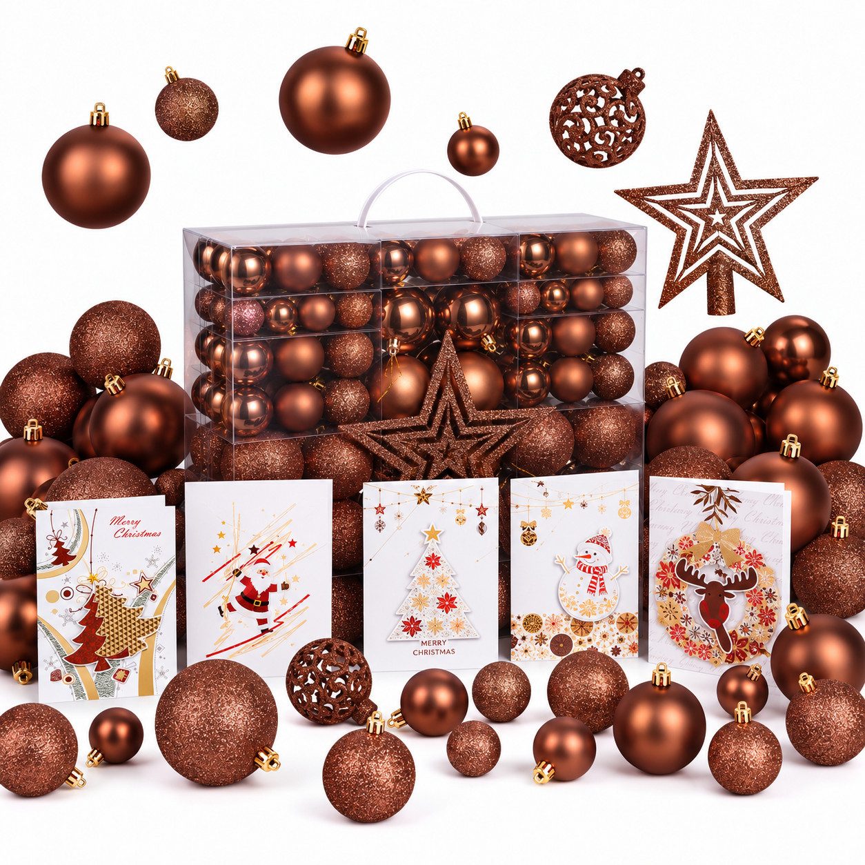 Onbest Weihnachtsbaumkugel Weihnachtskugeln 128-teiliges Set PLUS 5x Karten & 1x Baumspitze, in 3 Größen, 3 Designs, Weihnachtsschmuck Weihnachtsdeko