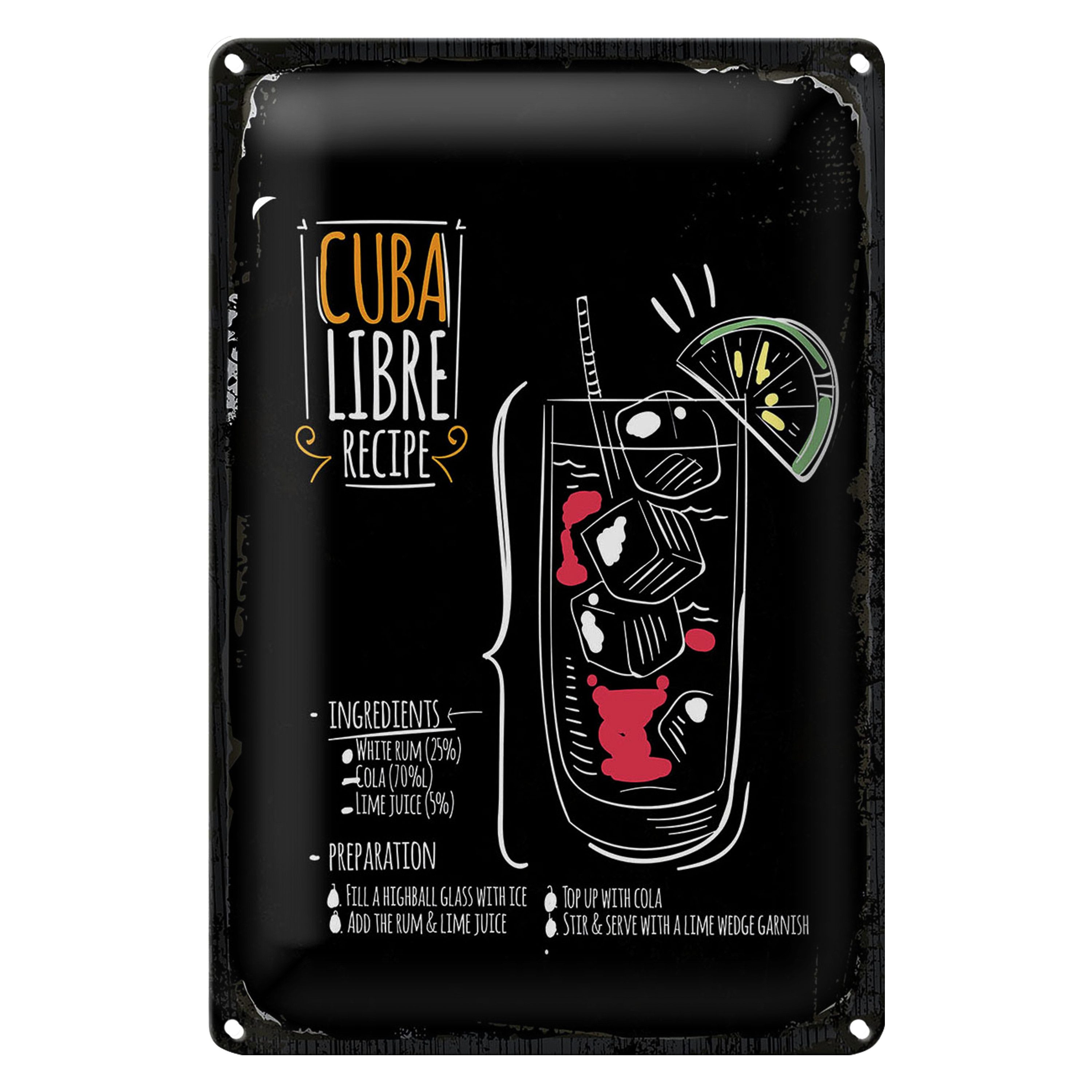 Roomando Metallschild Blechschild Rezept Cuba Libre Cocktail Recipe 20x30cm