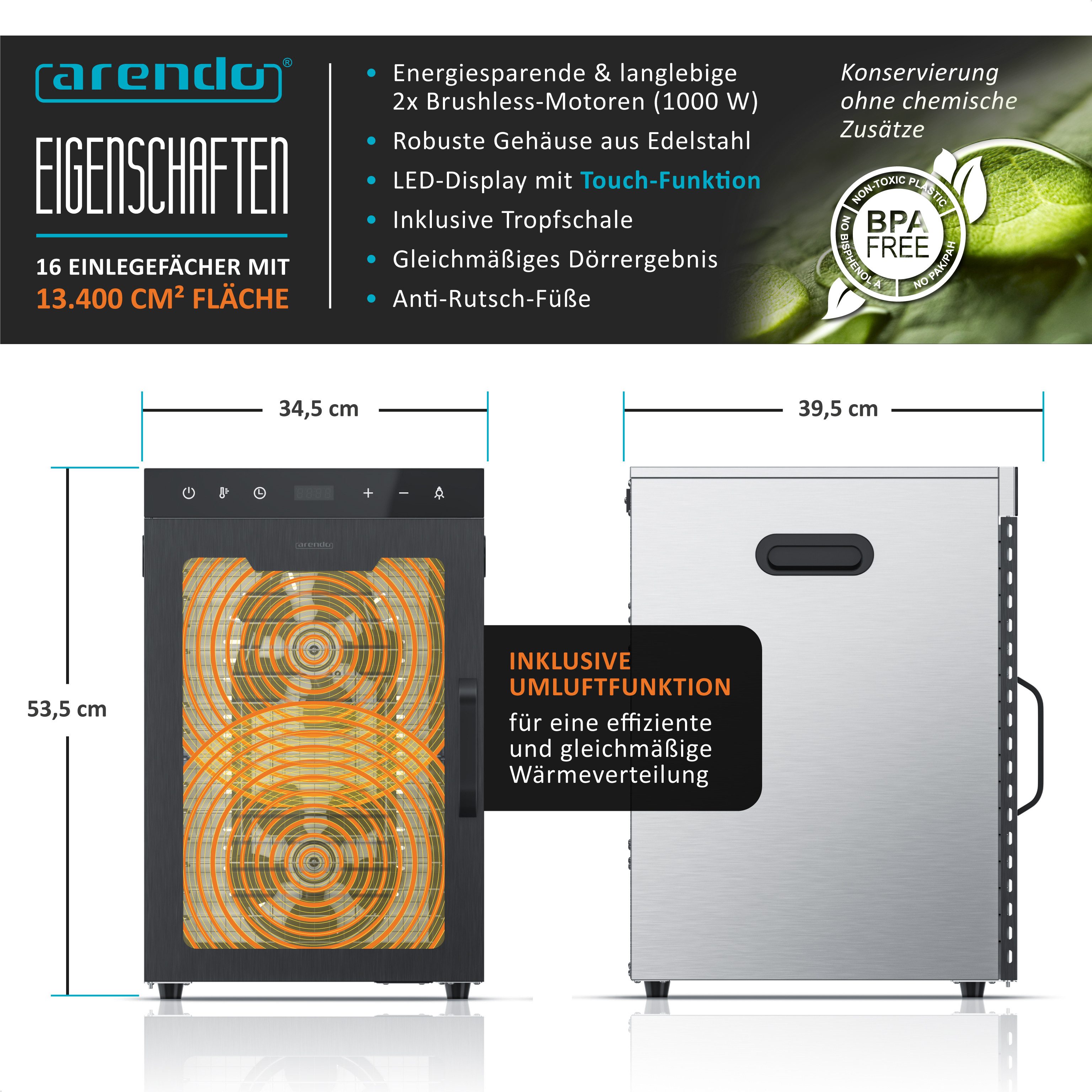 Arendo Dörrautomat Edelstahl, 16 Fächer, Temperaturregler 30°-90°C, Dörrgerät, Dehydrator 1000 W, 16 Etagen, Obst, Fisch, Fleisch Dörrapparat, Obsttrockner, Timer 0,5-24 Stunden