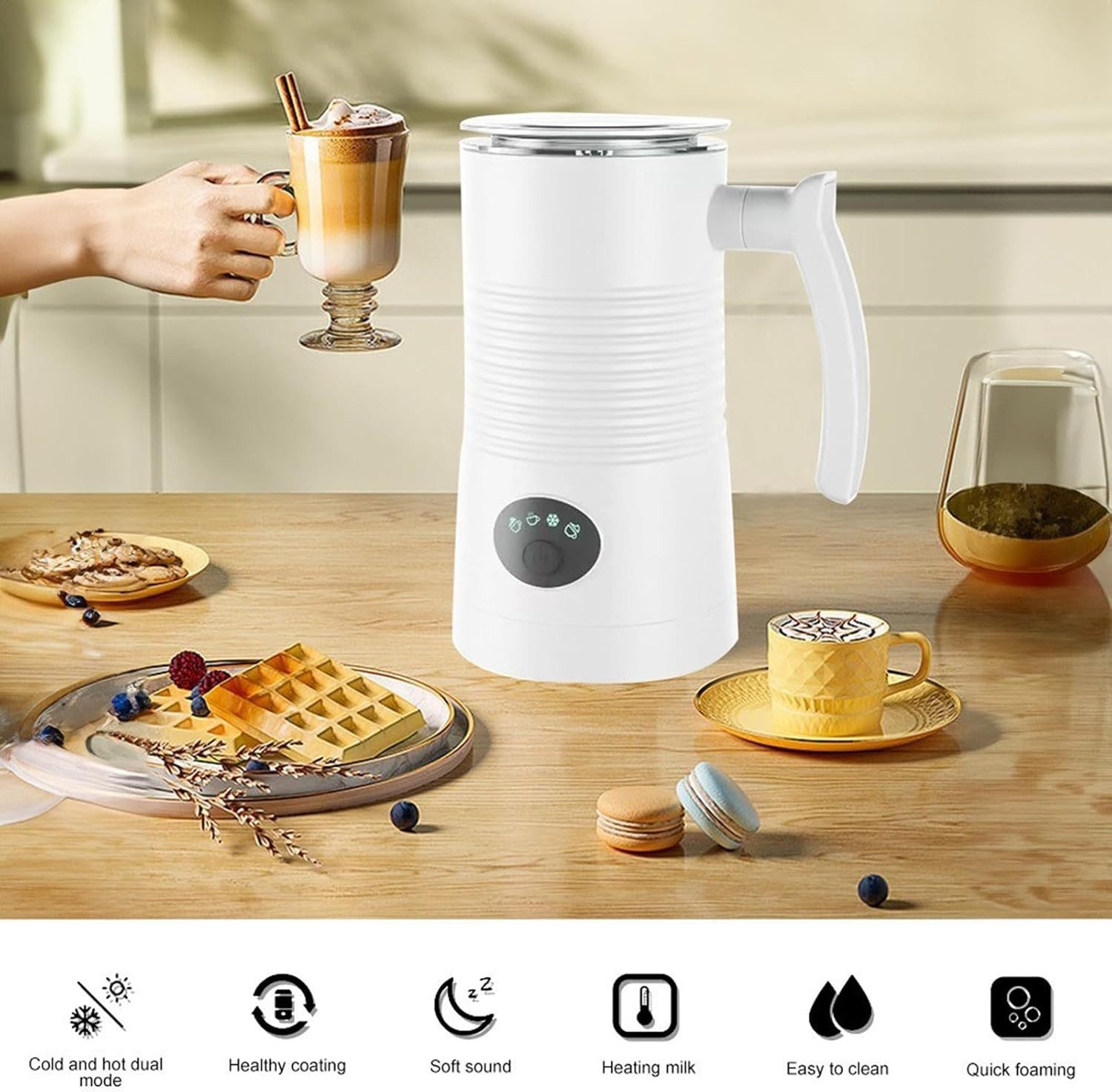 AURIVION Milchaufschäumer 4-in-1 elektrischer Milchaufschäumer für heiß & kalt, 100 W, Milk Frother leicht zu reinigen für Kaffee, Kakao & Hafermilch