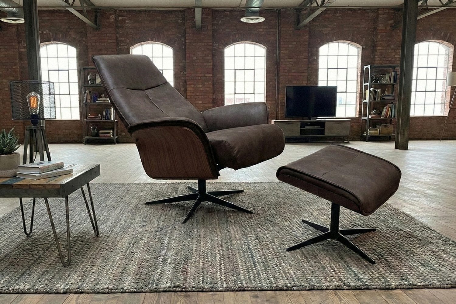 KAWOLA Relaxsessel FERREIRA Lederfaserstoff anthrazit Komfort Drehsessel, 360° drehbar, Relaxfunktion, Kopfstütze, inklusive Fußhocker