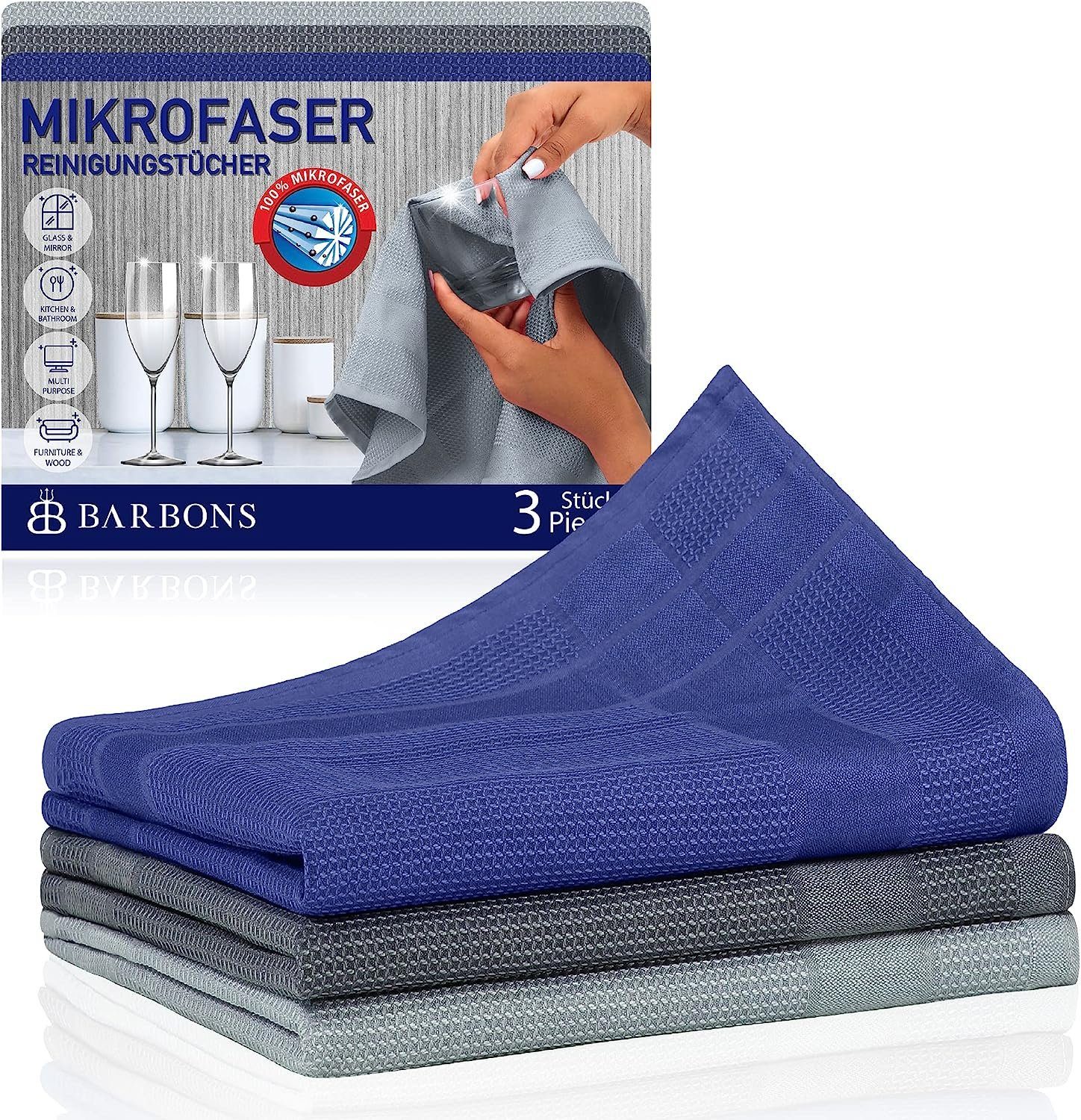 Allzwecktücher, Mikrofaser, Navy/Anthrazit/Grau 60x40 Allzwecktücher Packung, Mikrofasertuch Geschirrtücher Mikrofasertücher Staubfrei 1 BARBONS Fenstertücher (100% Auto) 3-tlg., Streifenfrei, cm,