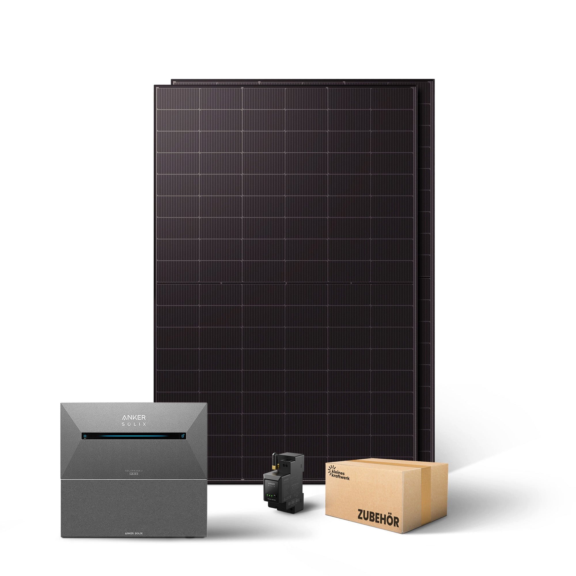 Kleines Kraftwerk Balkonkraftwerk, 1000 W, Monokristallin, (ohne Halterung, Solaranlage Komplettset mit Speicher), 2 x 500W, Anker Solarbank 2 Pro, Wechselrichter