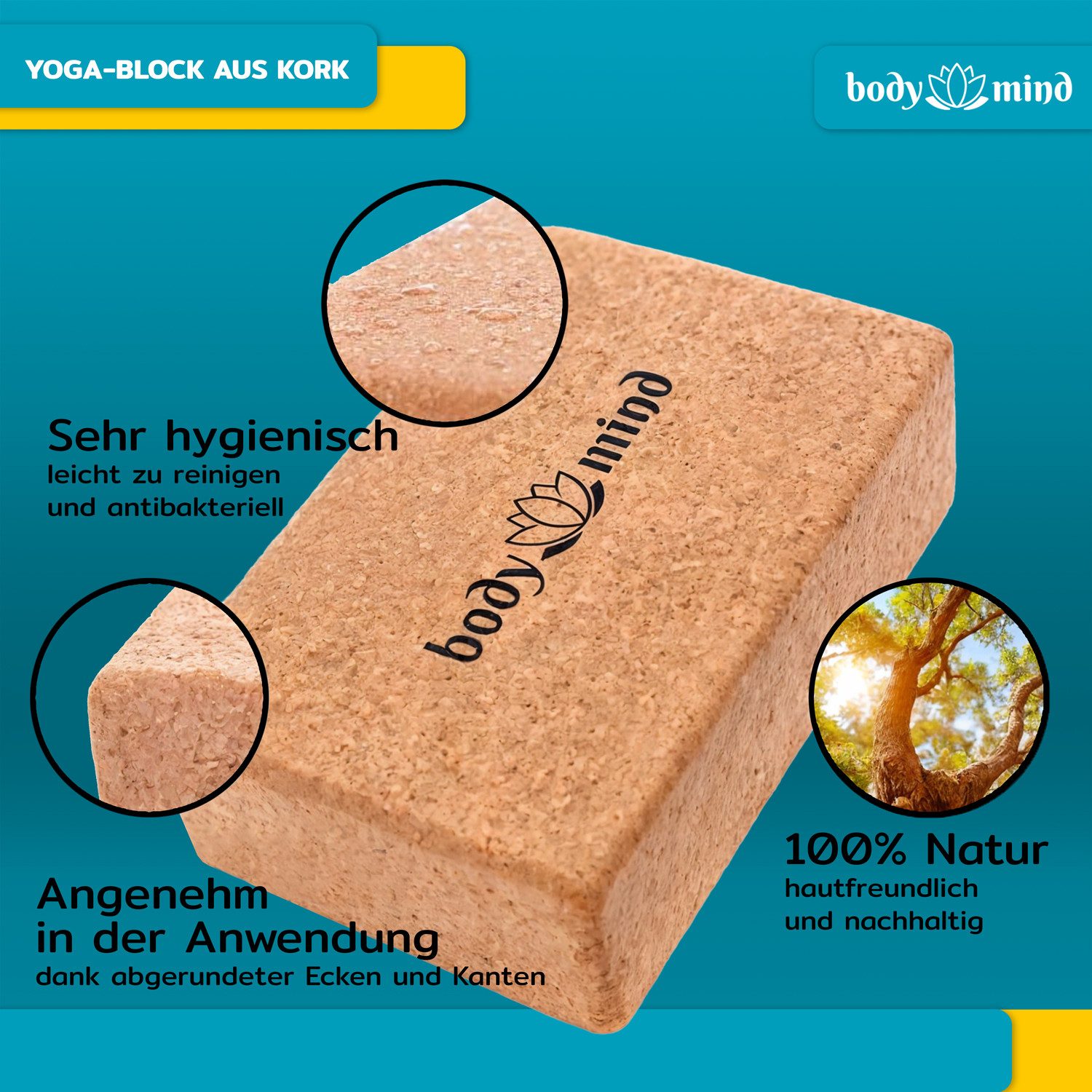 Body & Mind Yogablock Yogablock & Yoga Klotz aus Kork–Pilates Block, Fitnessblock & Zubehör, (100 % Natur, für Yoga, Pilates, Meditation & Fitness)