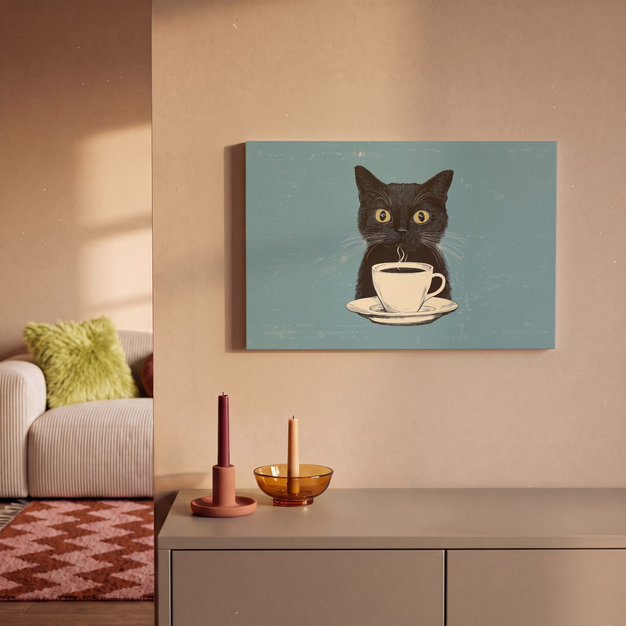 OneMillionCanvasses® Leinwandbild Katze - Schwarz - Kaffee - Minimalistisch, Fotodruck (1 St), Wandbild, Deko Schlafzimmer Wohnzimmer Flur 20x20 cm – Bild 2 von 5