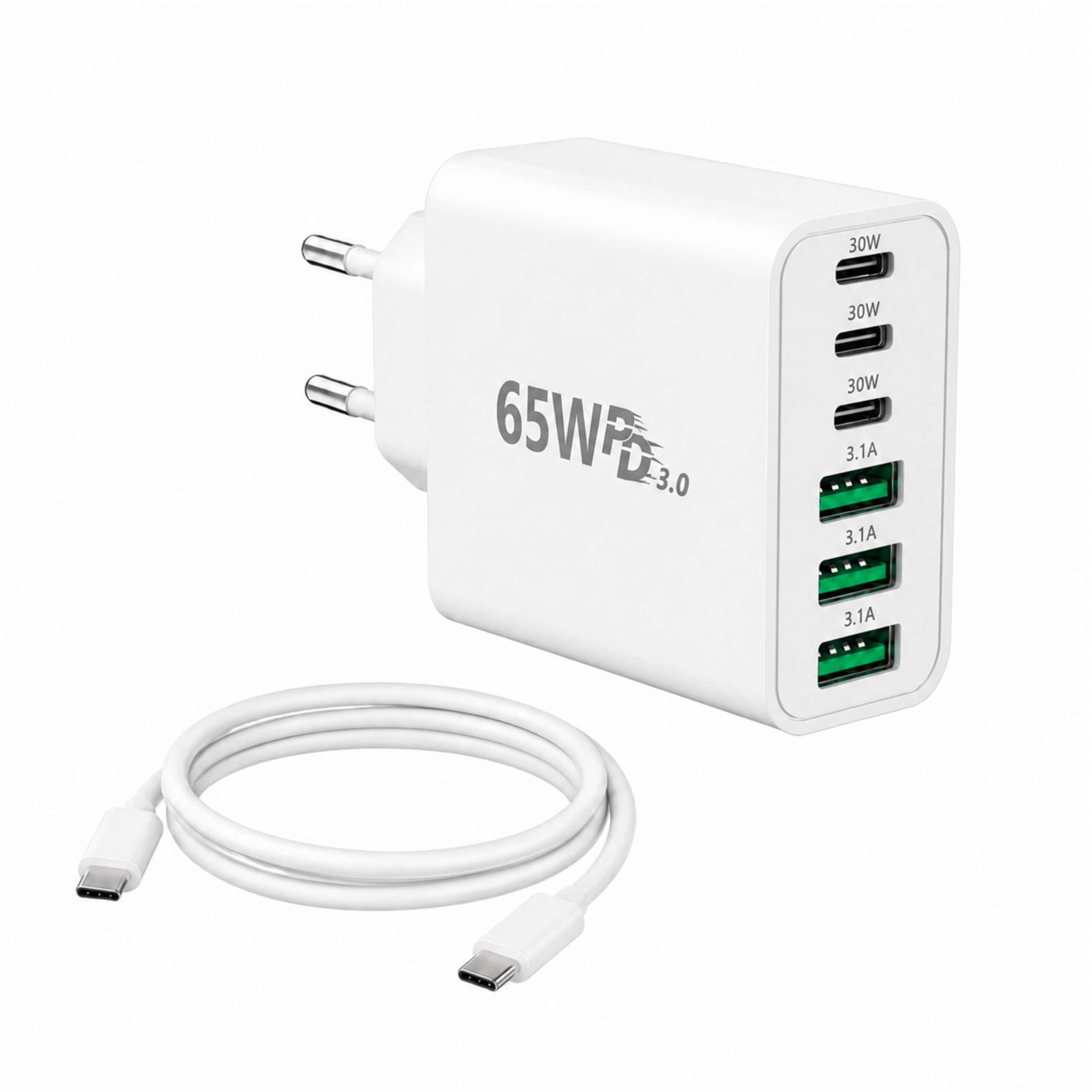 PlugUp 65W Ladegerät 6-Port 30W Schnellladeadapter mit USB-C Ladekabel USB-Ladegerät (3100 mA, Set, Inkl. USB-C Ladekabel, Universelles Schnellladegerät mit USB-C auf USB-C Ladekabel)