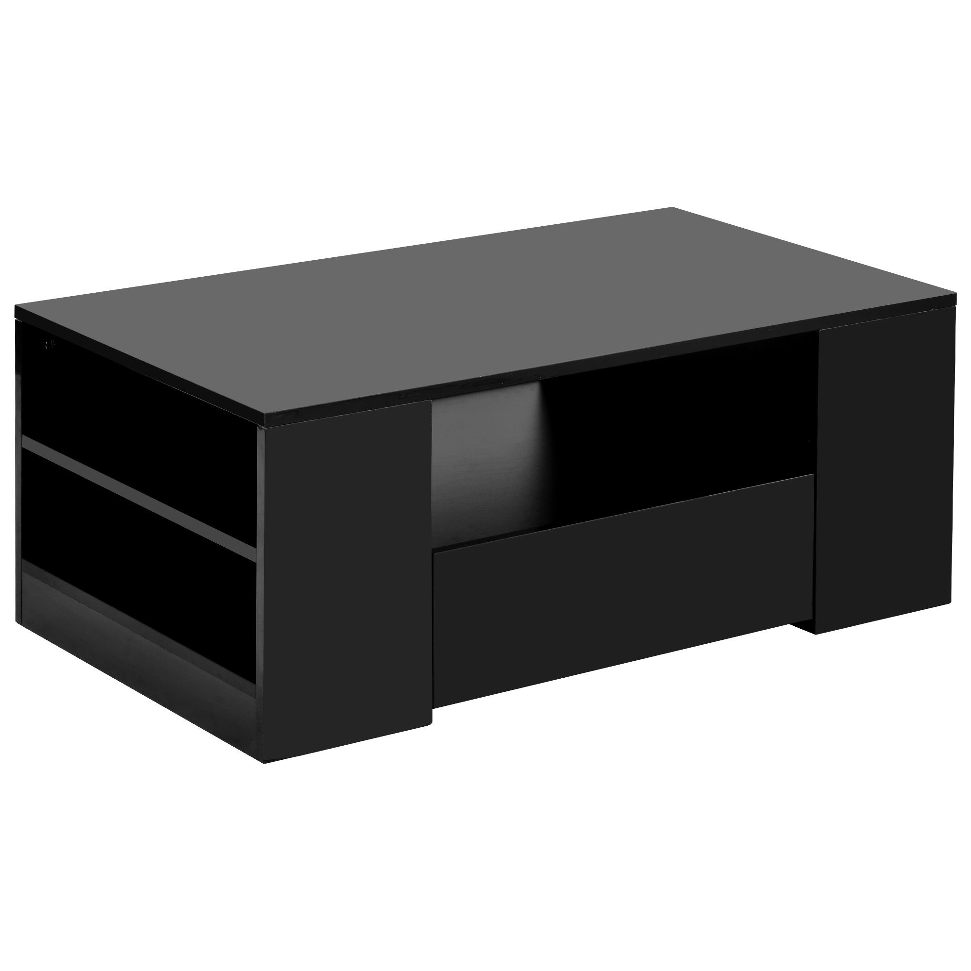 Couchtisch (Wohnzimmertisch Hochglanz Schwarz), Sofatisch mit LED-Beleuchtung, 2 Schubladen, 2 Regale, 95 x 53 x 37 cm