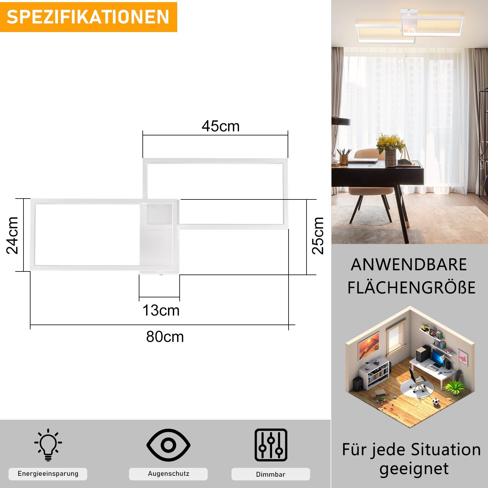 mit Fernbedienung Wohnzimmer LED 80CM 48W, fest Weiß Deckenlampe LED Dimmbar integriert, Dimmbar Nettlife Deckenleuchte