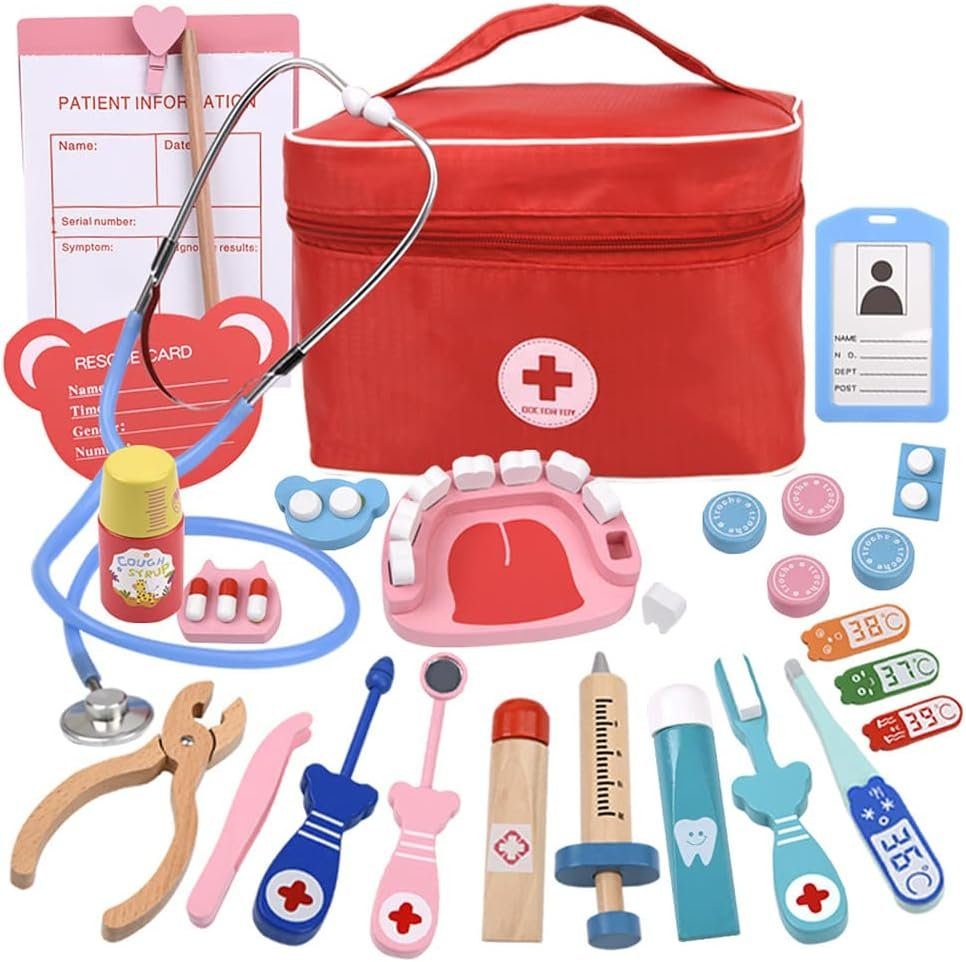 Inshow Spielzeug-Arztkoffer Arztkoffer Kinder, Holz Doktor Spielzeug mit Stethoskop