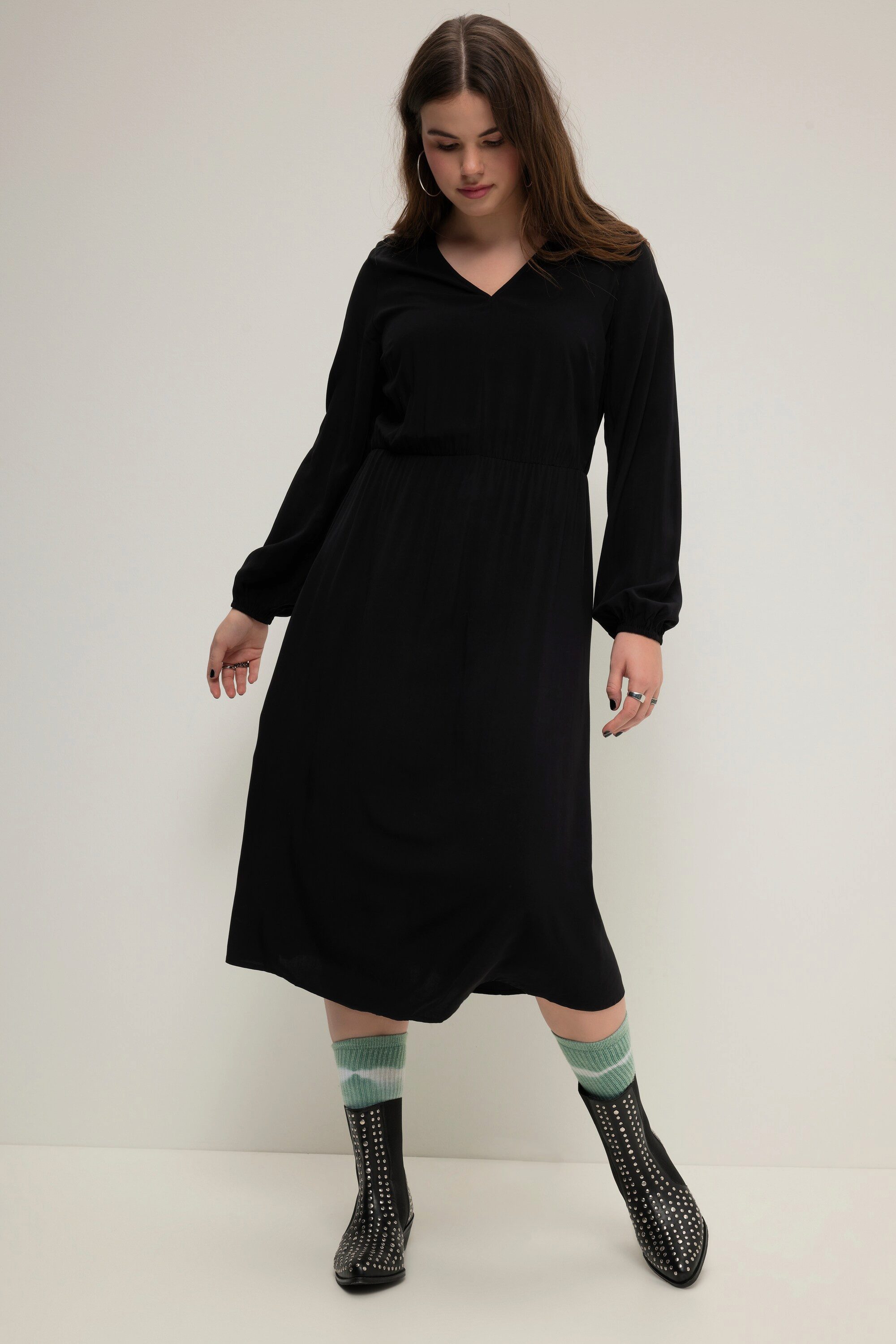 Jerseykleid Midikleid A-Line V-Ausschnitt Langarm