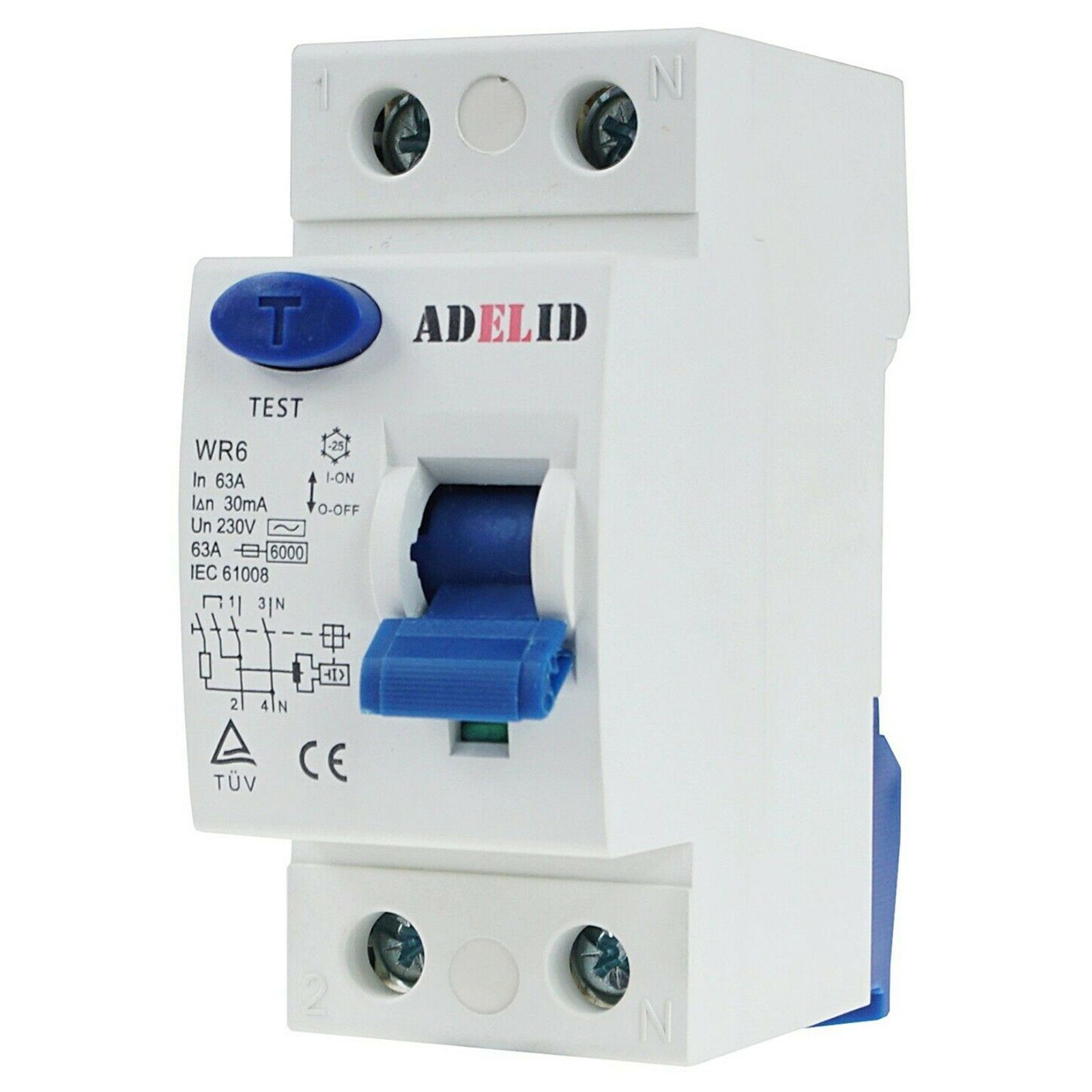 Fehlerstromschutzschalter RCD 2-polig 30mA Schalter, FI-Schalter ADELID 40A