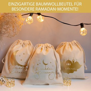 TOBJA Aufbewahrungstasche Ramadan Kareem Geschenksäckchen 25x30cm, 3 Eid Mubarak Baumwolltüten Gold, Ramadan Geschenke