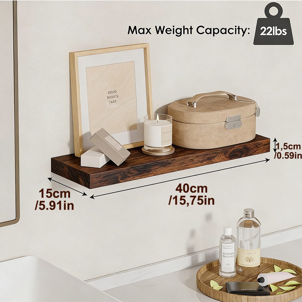 PFCTART Wandregal Wandregal 3er Set 40 cm Vintagebraun aus MDF & Stahl, Set 3-tlg., Schweberegal belastbar bis 10 kg – modern & platzsparend