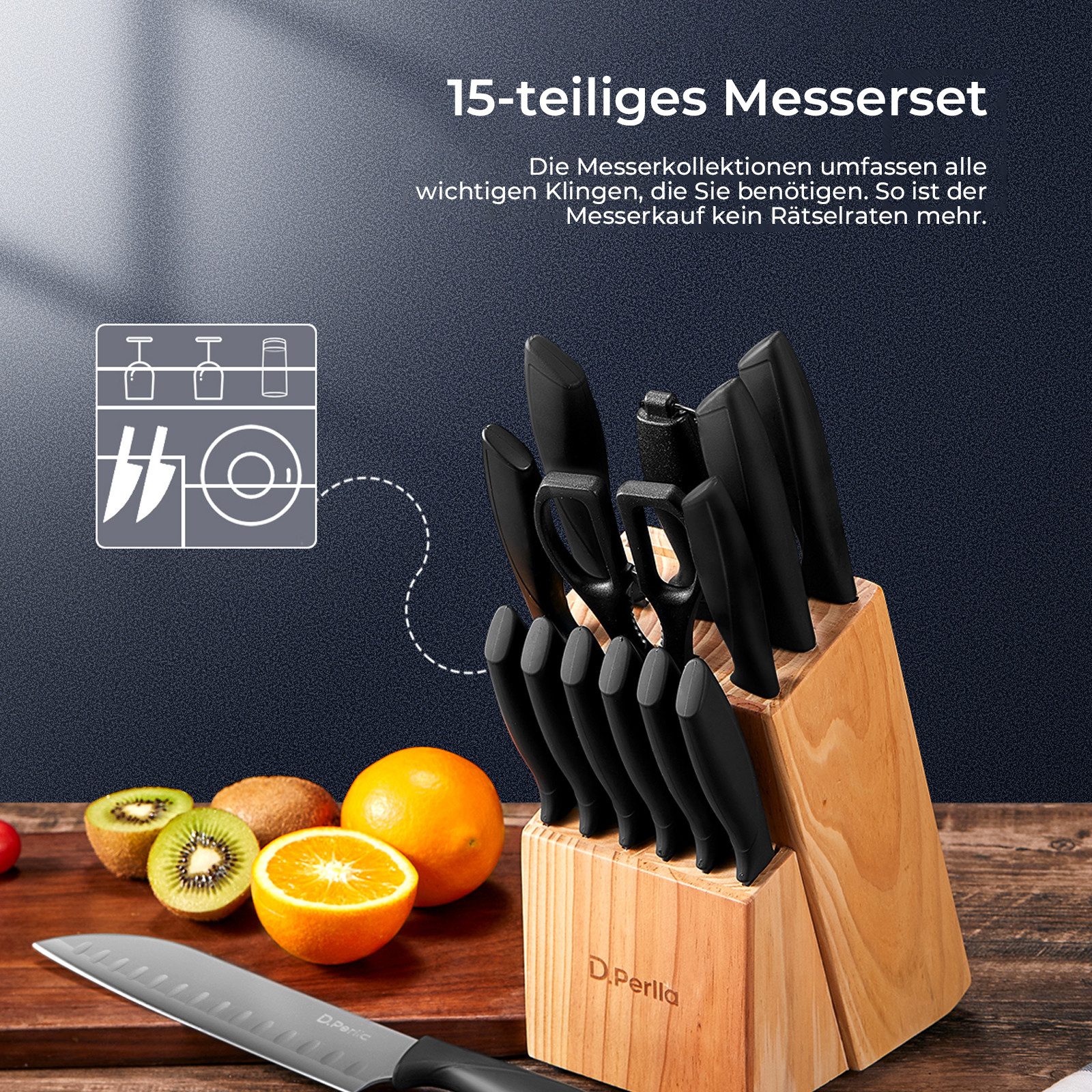 D.Perlla Messer-Set 15-teiliges Messerset mit Block, BO Oxidations-Messerset aus Edelstahl (Set, 15-tlg), ergonomische PP-Griffe, professionelle Satinierung