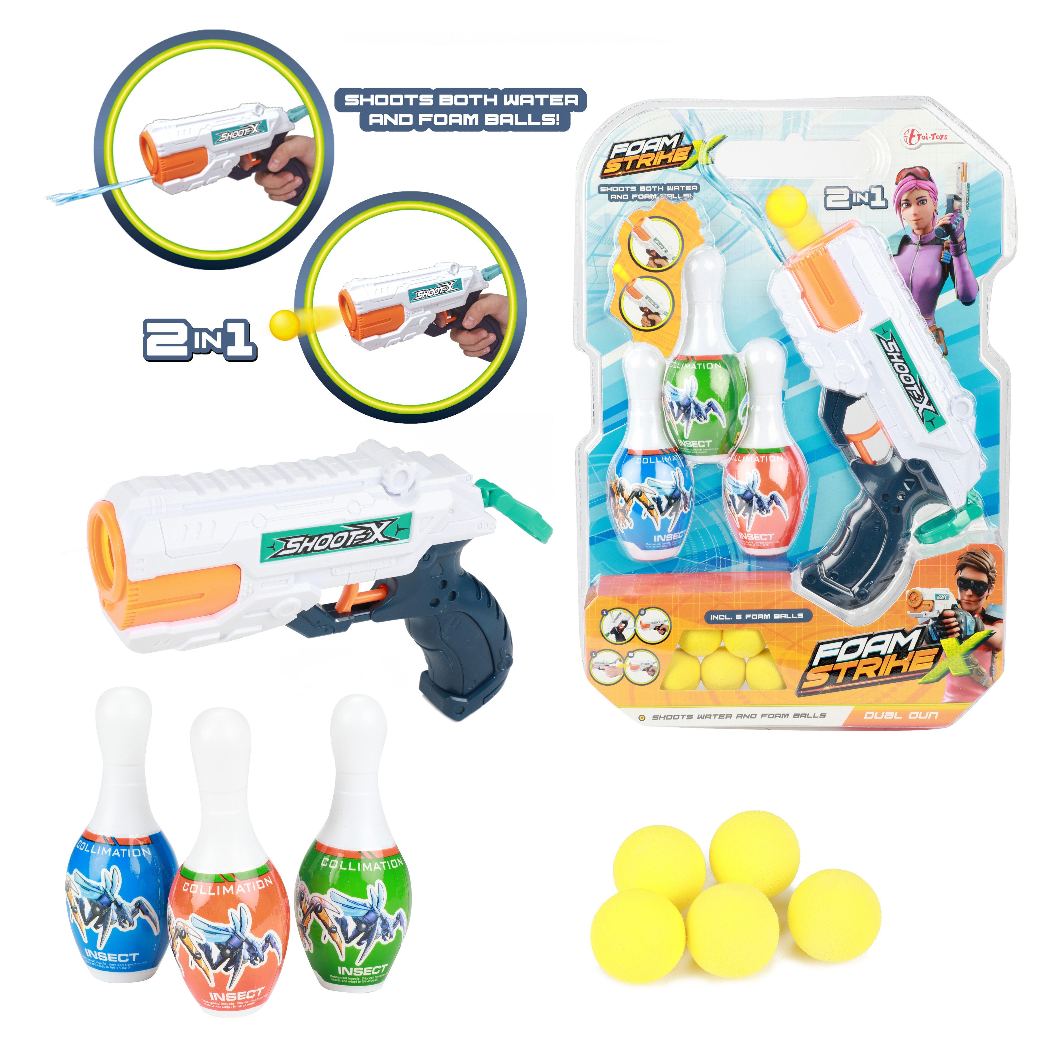Badespielzeug FOAM STRIKE X Set - Wasserpistole mit 5 Bällen und 3 Kegeln