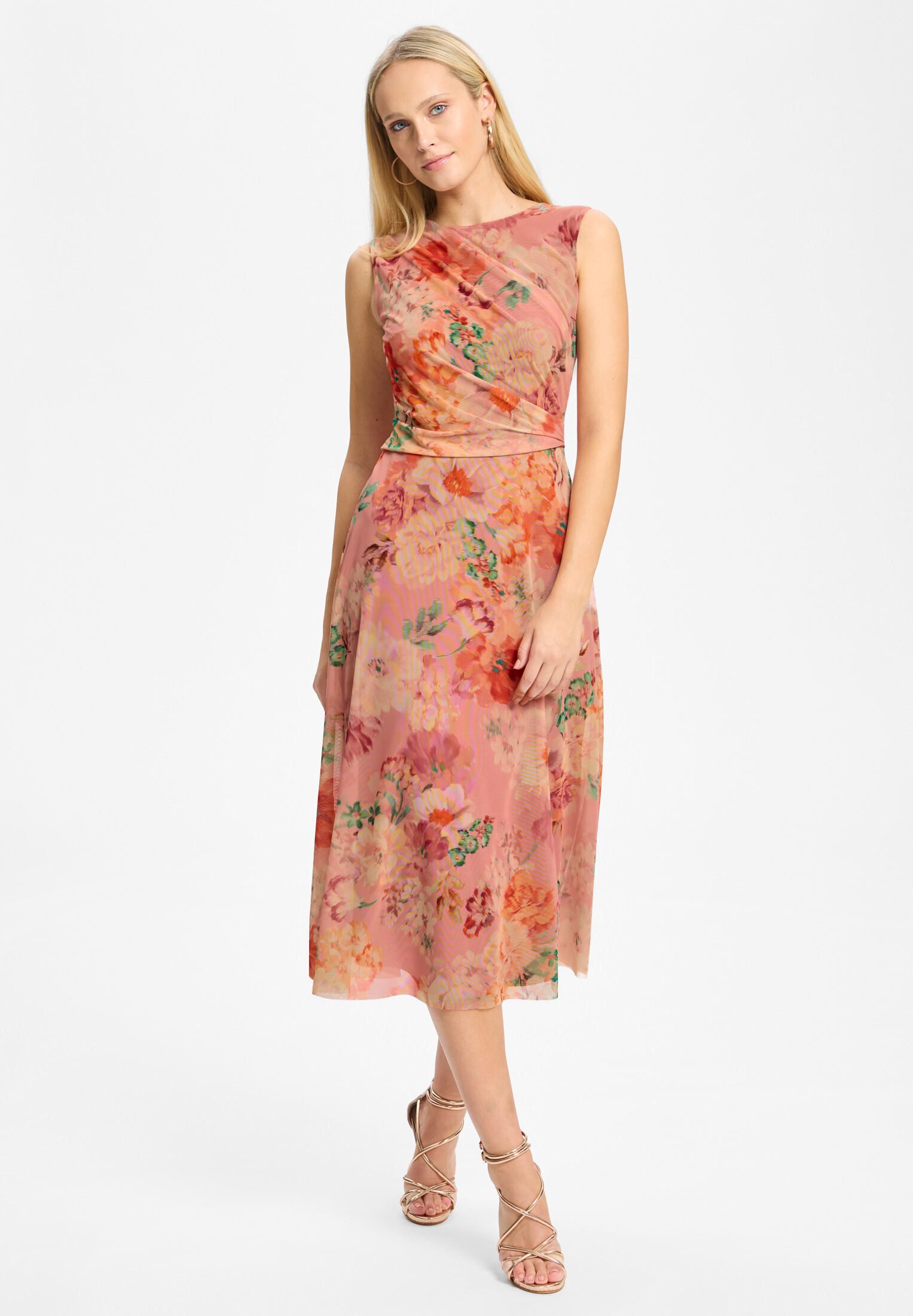 SWING Cocktailkleid - Midi Kleid aus Mesh mit Blumendruck Taillierter Schnitt mit fließendem Rockteil