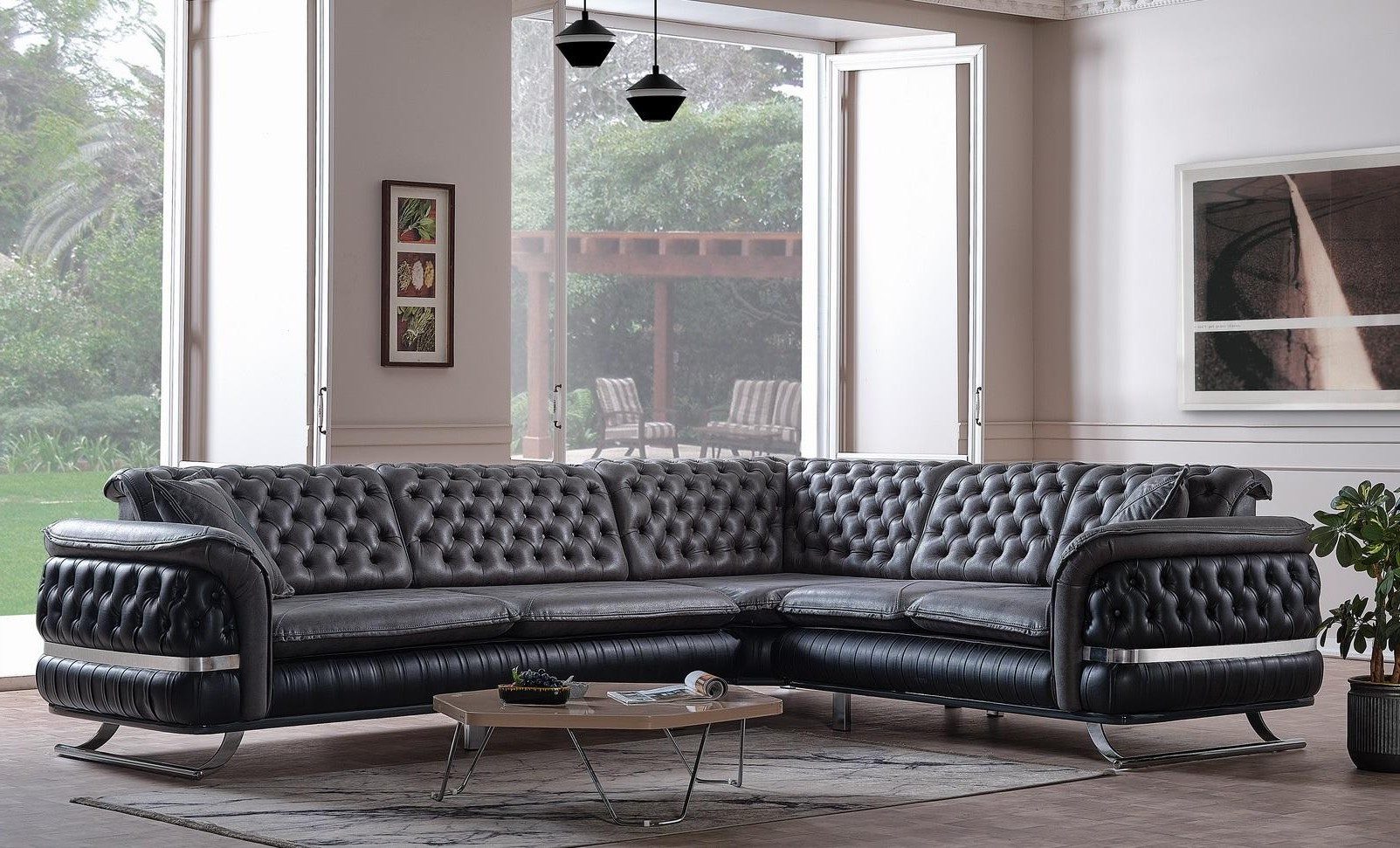 Xlmoebel Chesterfield-Sofa Schwarzes U-Form Ecksofa Wohnlandschaft XXL, Ecksofa 1 Teile, Made in Europa