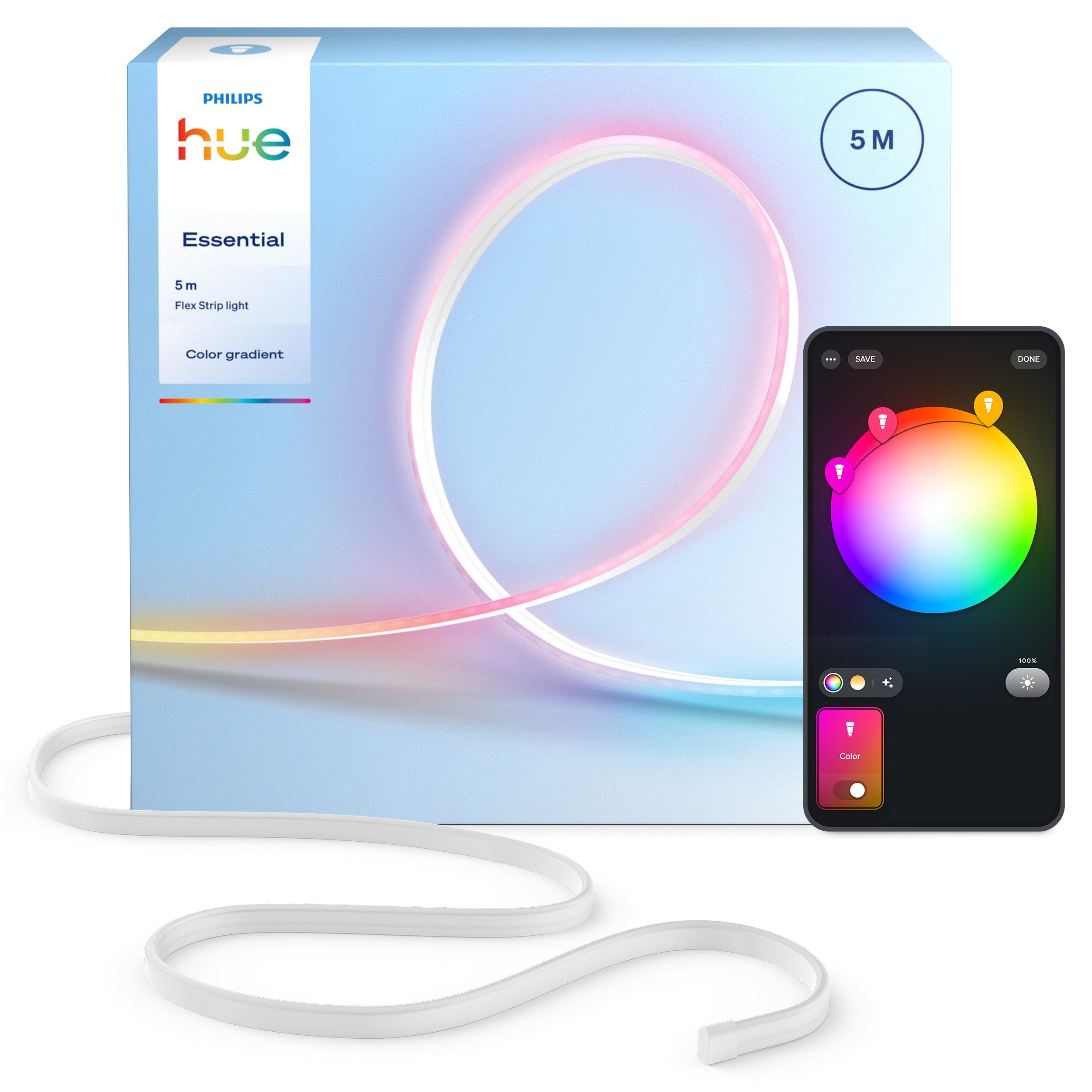 Philips Hue LED-Streifen Essential Flex Gradient LED-Streifen RGBIC farbfähig, lebendige Farben, flexible Innenbeleuchtung, komp. mit gängigen Smart-Home-Assistenten