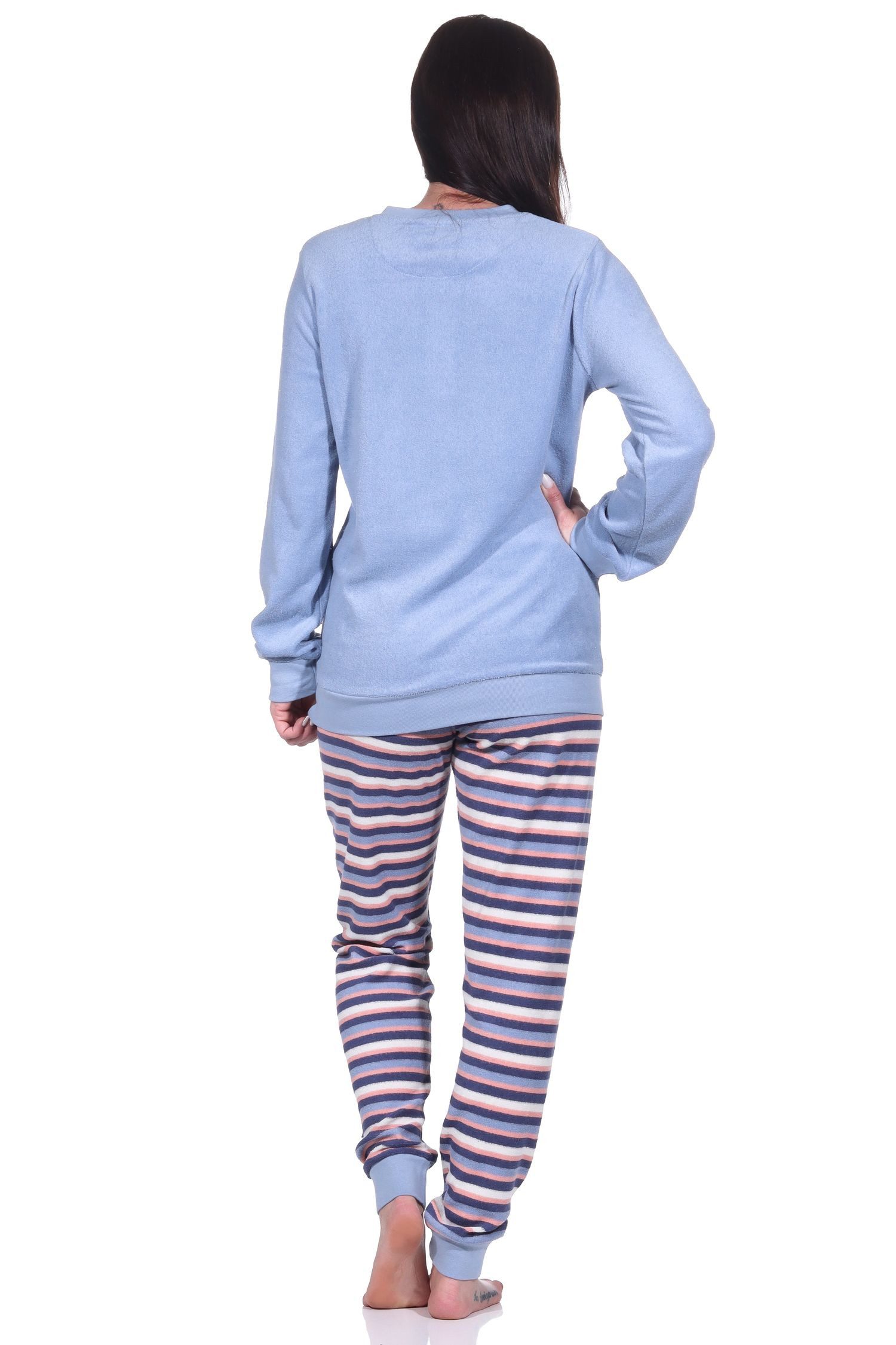 Normann Pyjama Damen Frottee Pyjama, Schlafanzug langarm mit süßem Katzen-Motiv – Bild 4 von 5
