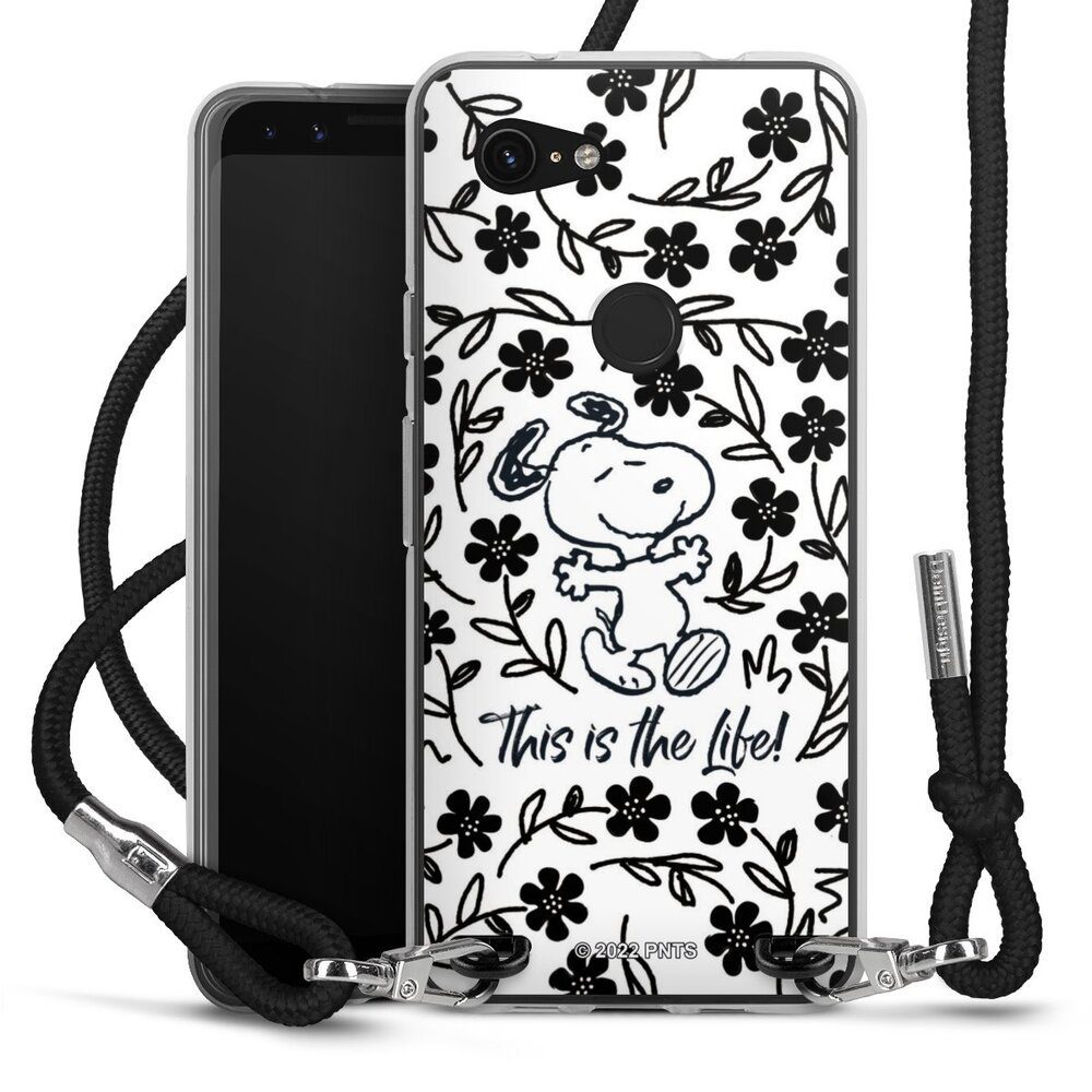 DeinDesign Handyhülle Peanuts Blumen Snoopy Snoopy Black and White This Is The Life, Google Pixel 3a Handykette Hülle mit Band Case zum Umhängen